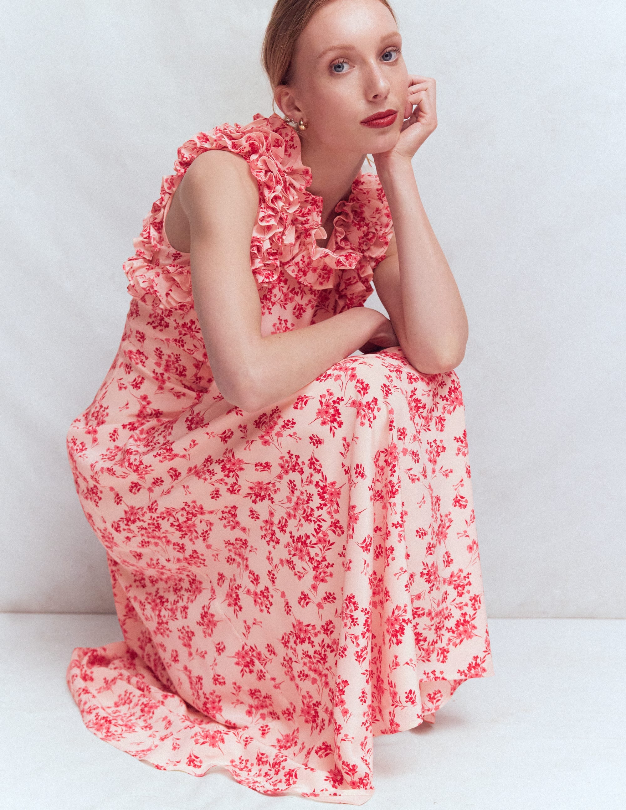 Ruffle Silk Midi Dress-Pink Bloom Scatter Mono - Image 5