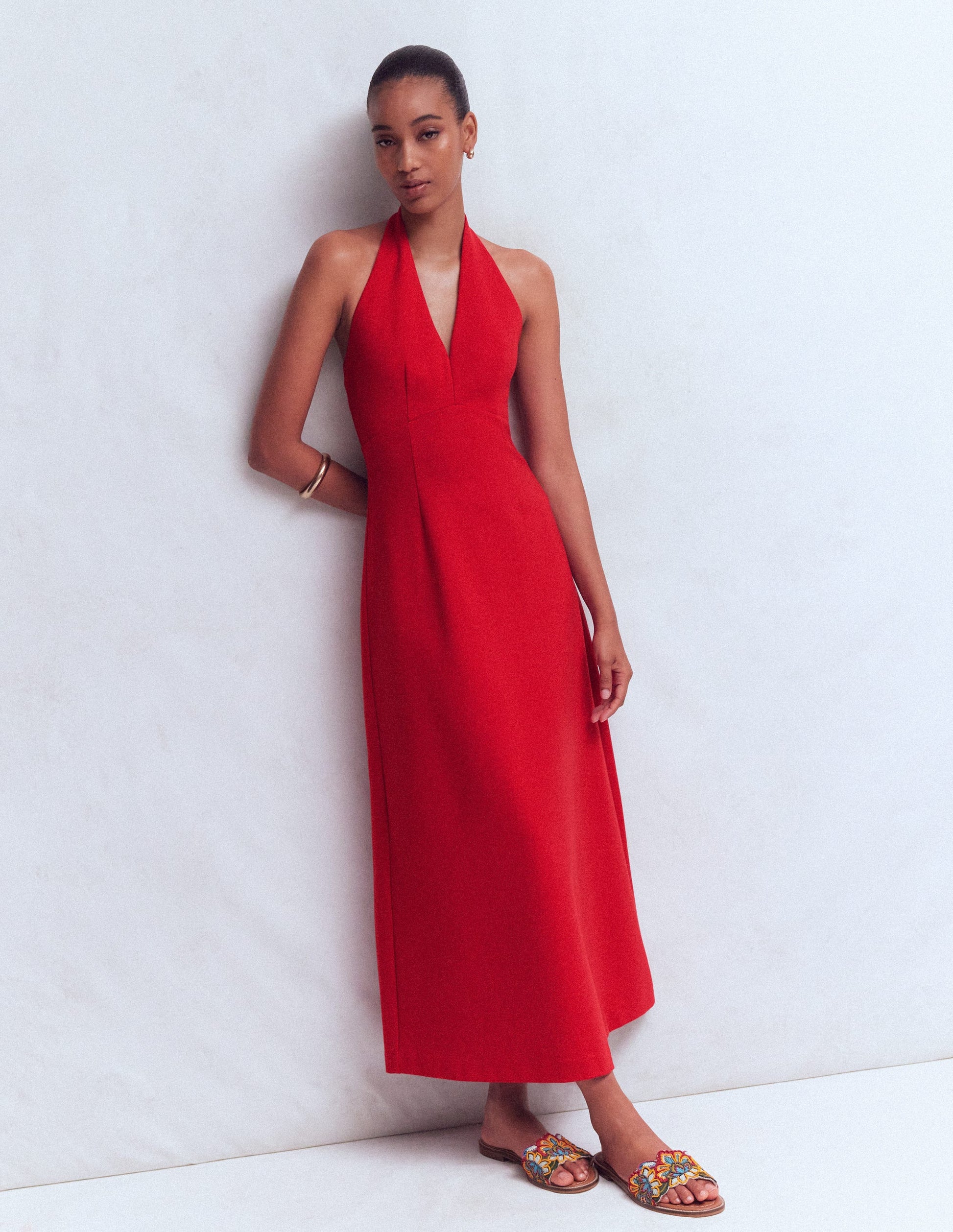 Halter Neck Empire Maxi Dress-Red-1