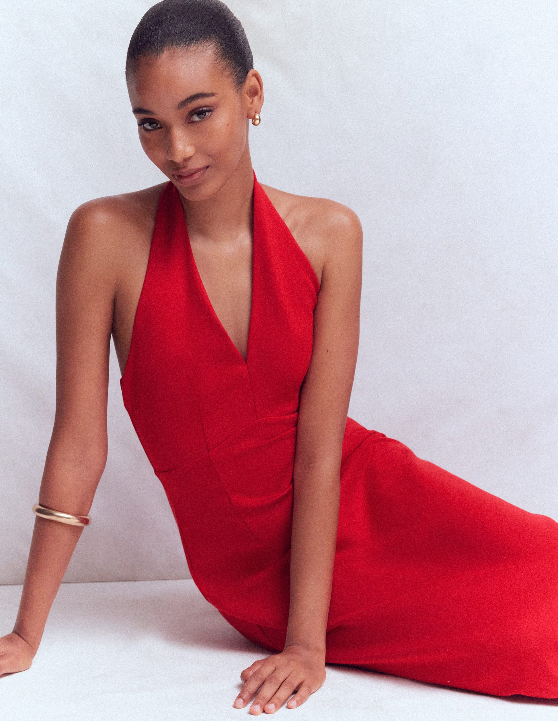 Halter Neck Empire Maxi Dress-Red-4