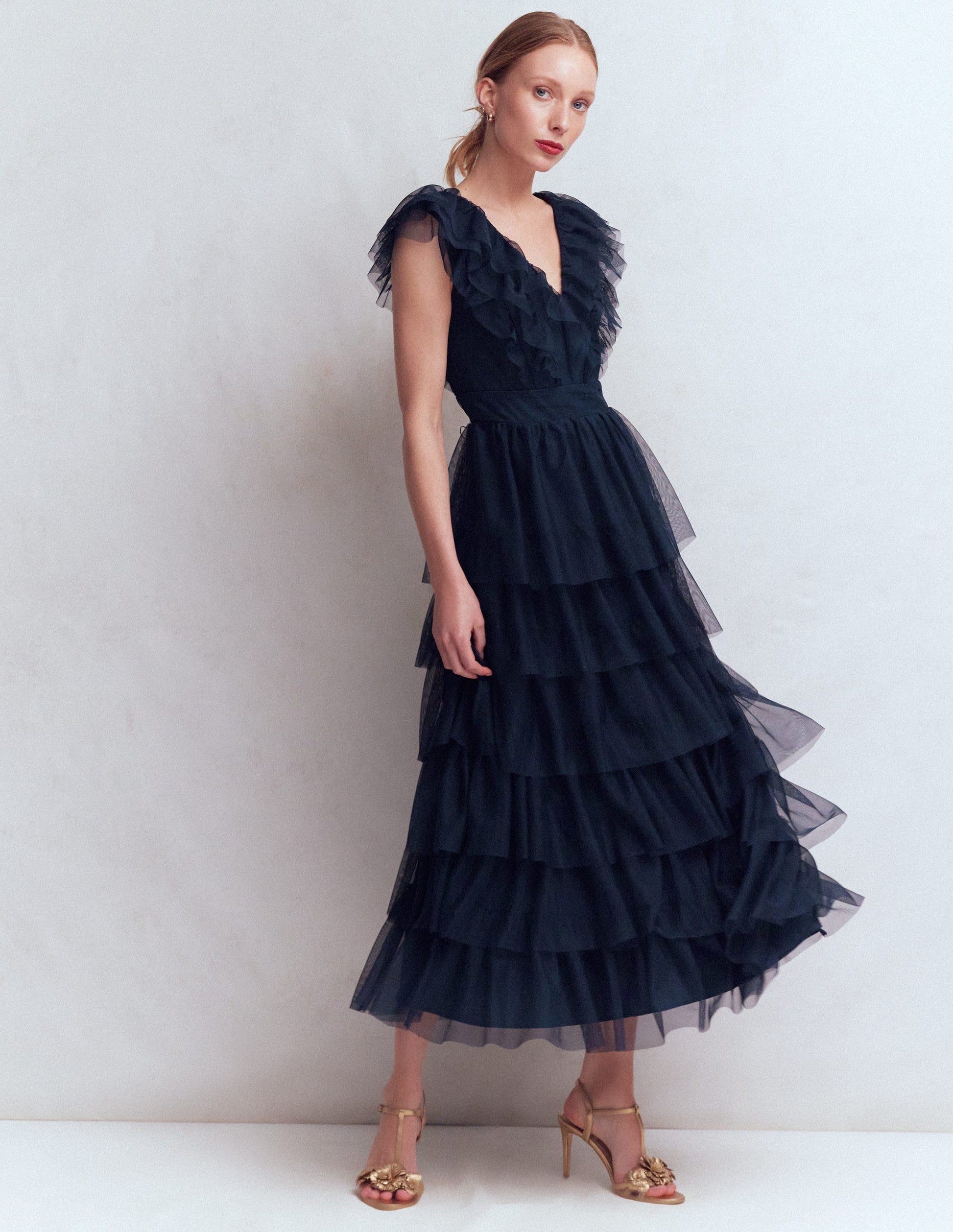 Ruffle Tulle Tiered Dress - Navy
