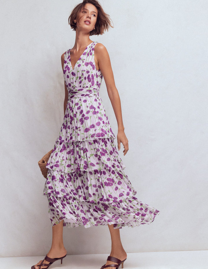 Tiered Sleeveless Dress-Purple Daisy Stems