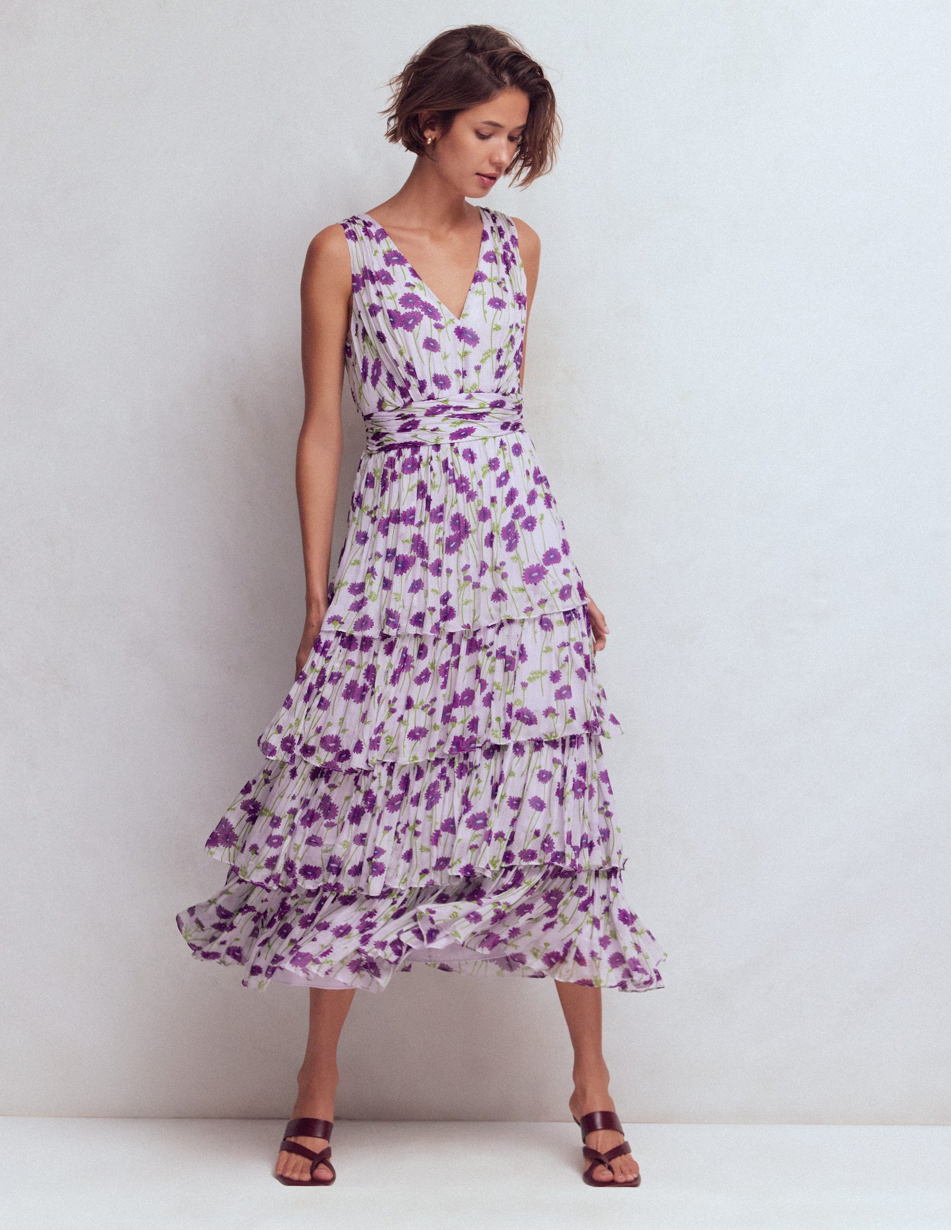 Tiered Sleeveless Dress-Purple Daisy Stems-4