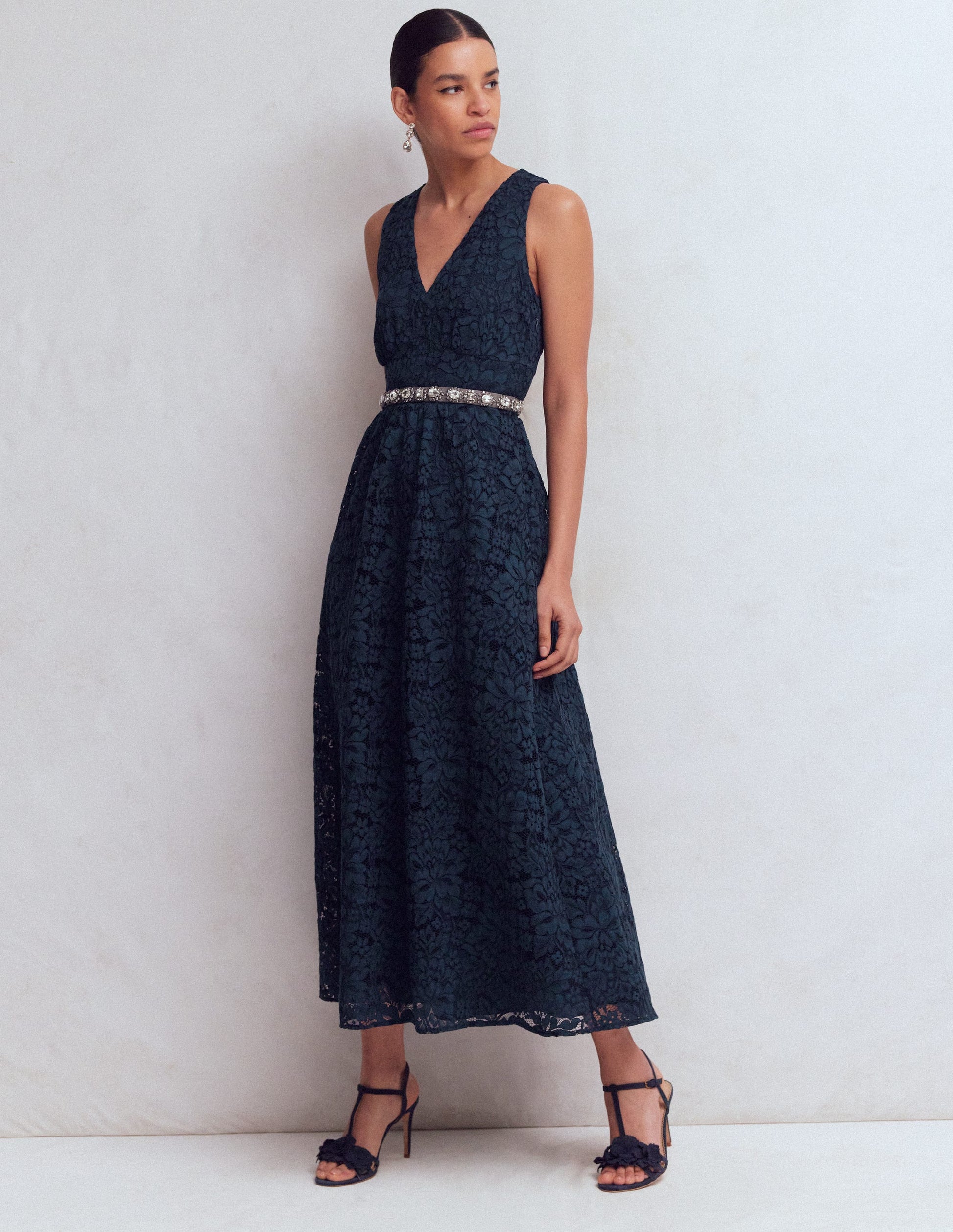 Lace Plunge Neck Panel Dress-Navy-1