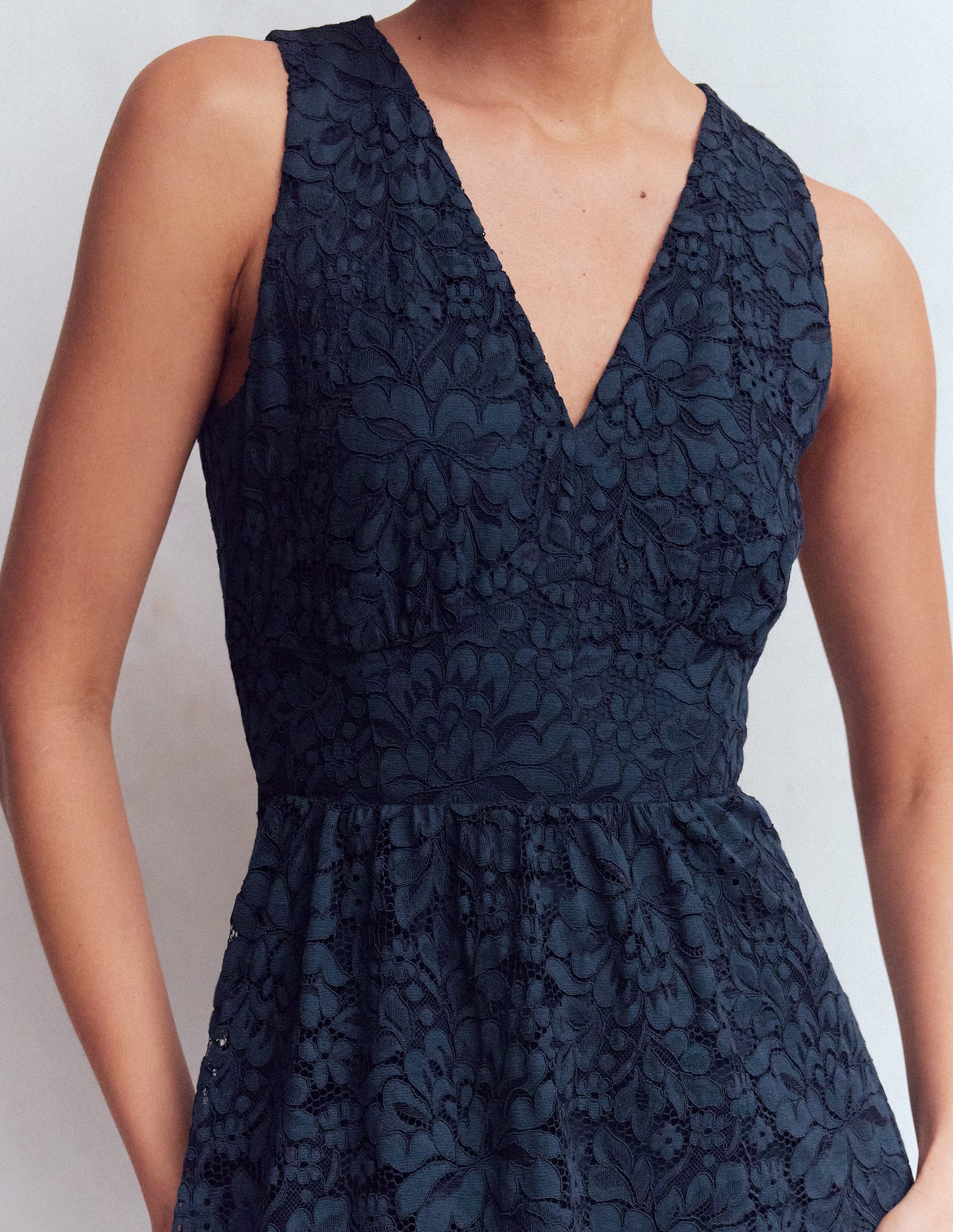 Lace Plunge Neck Panel Dress-Navy-2