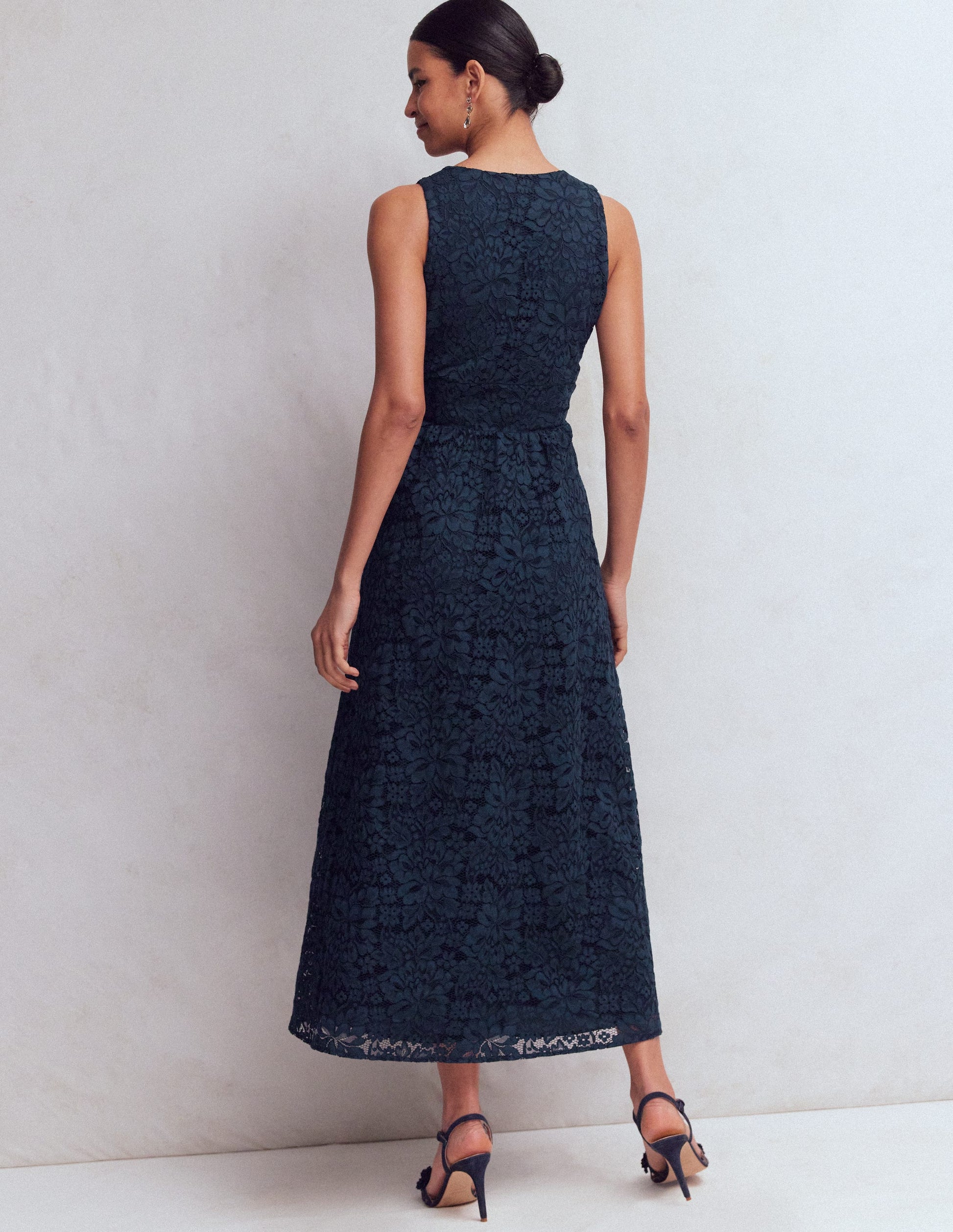 Lace Plunge Neck Panel Dress-Navy-3