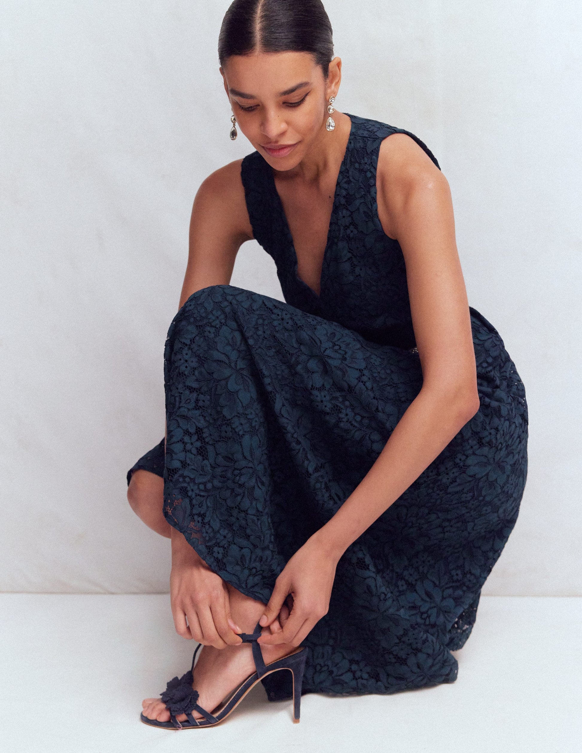 Lace Plunge Neck Panel Dress-Navy-5