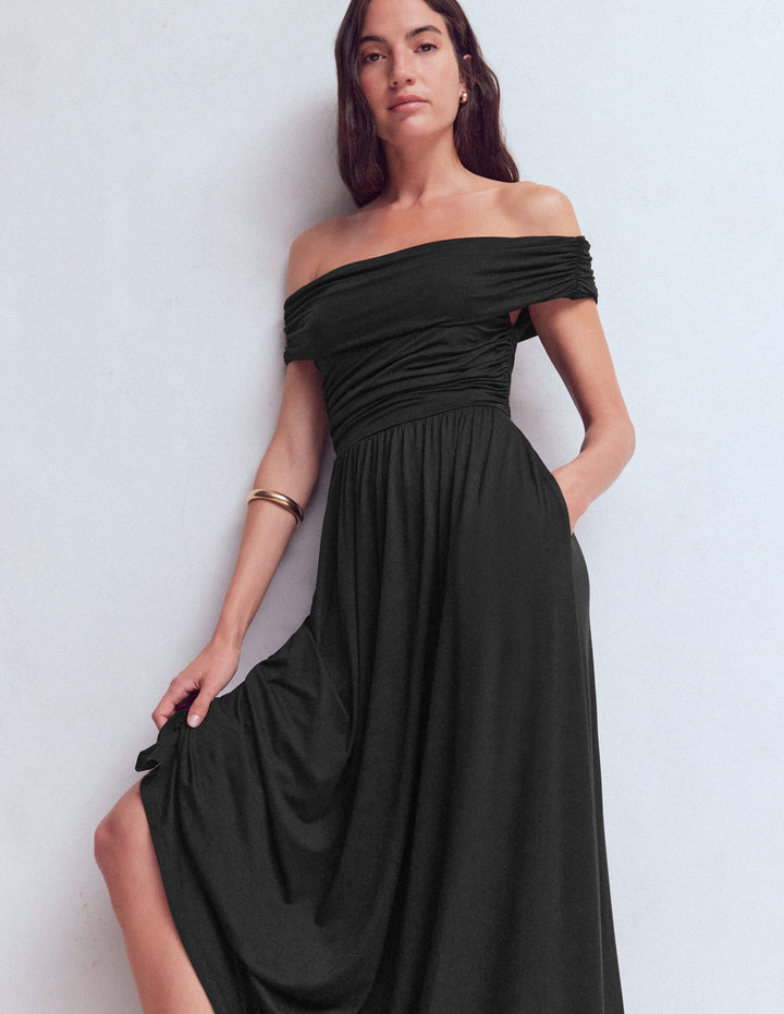 Ruched Bardot Jersey Dress-Black