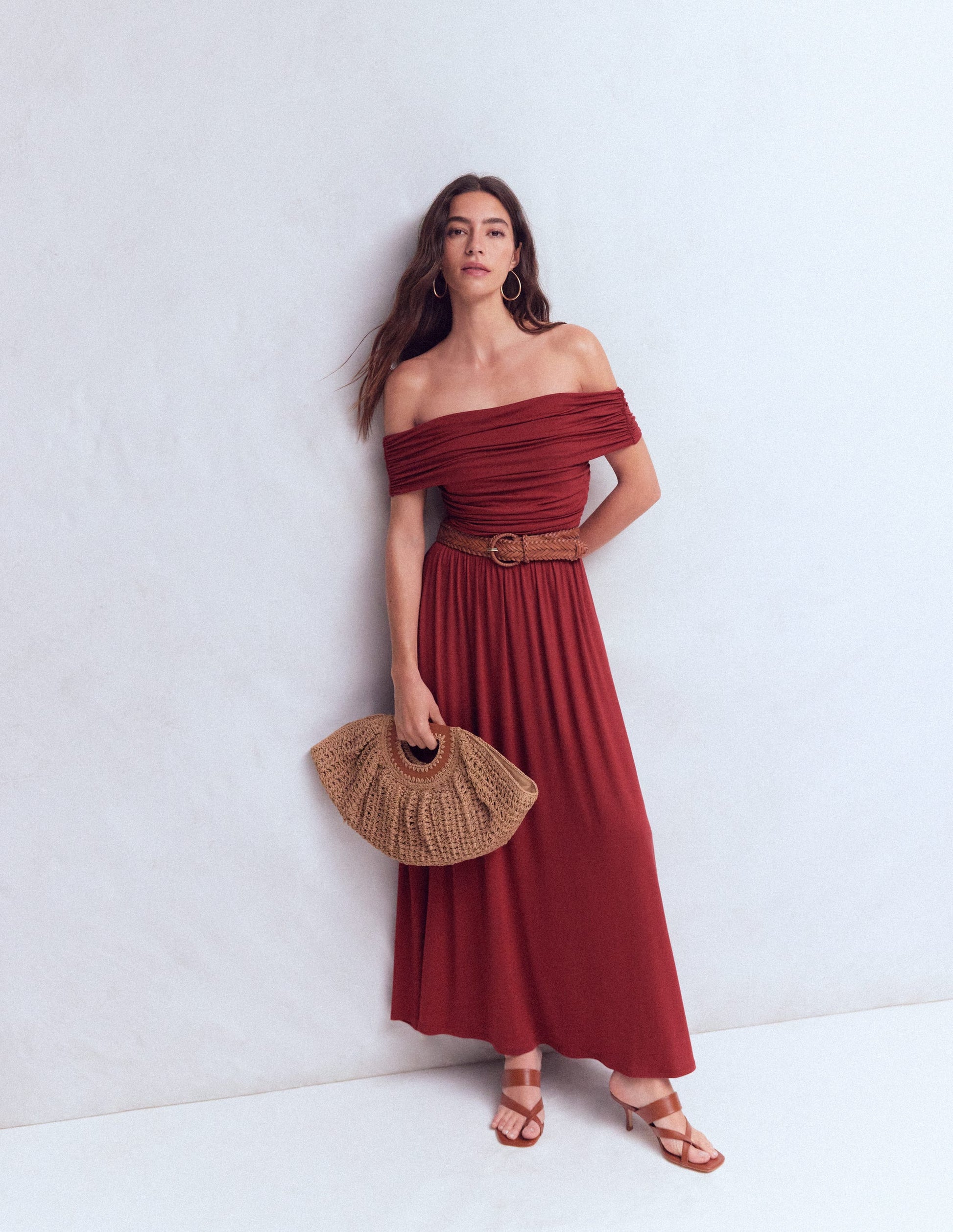 Ruched Bardot Maxi Dress-Burgundy-2