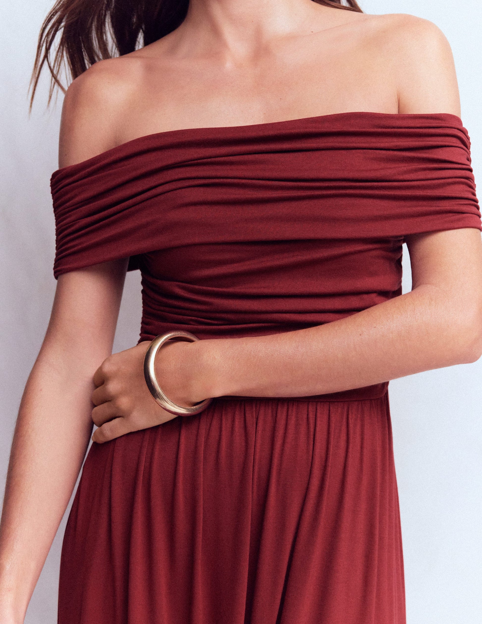 Ruched Bardot Maxi Dress-Burgundy-3