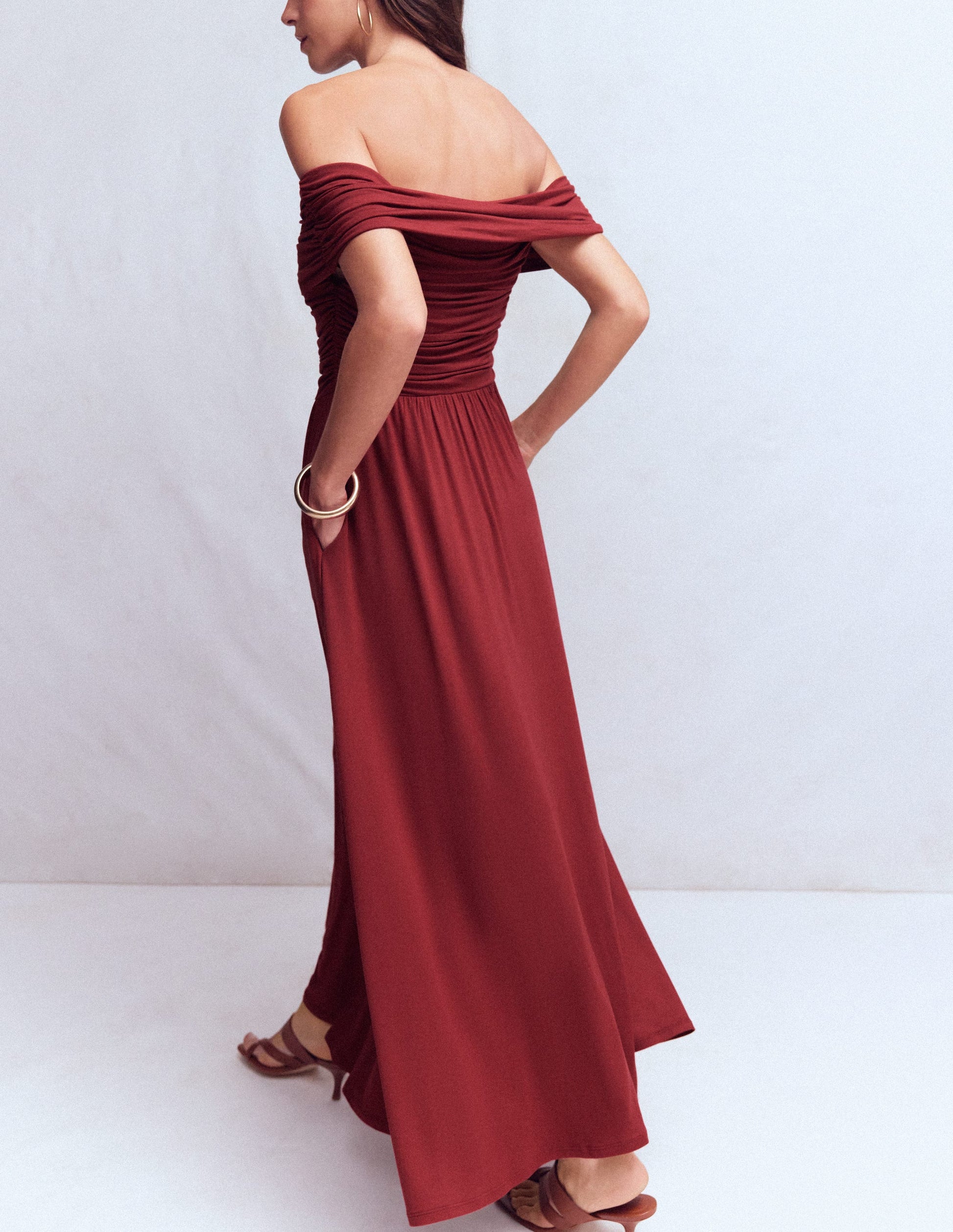 Ruched Bardot Maxi Dress-Burgundy-4
