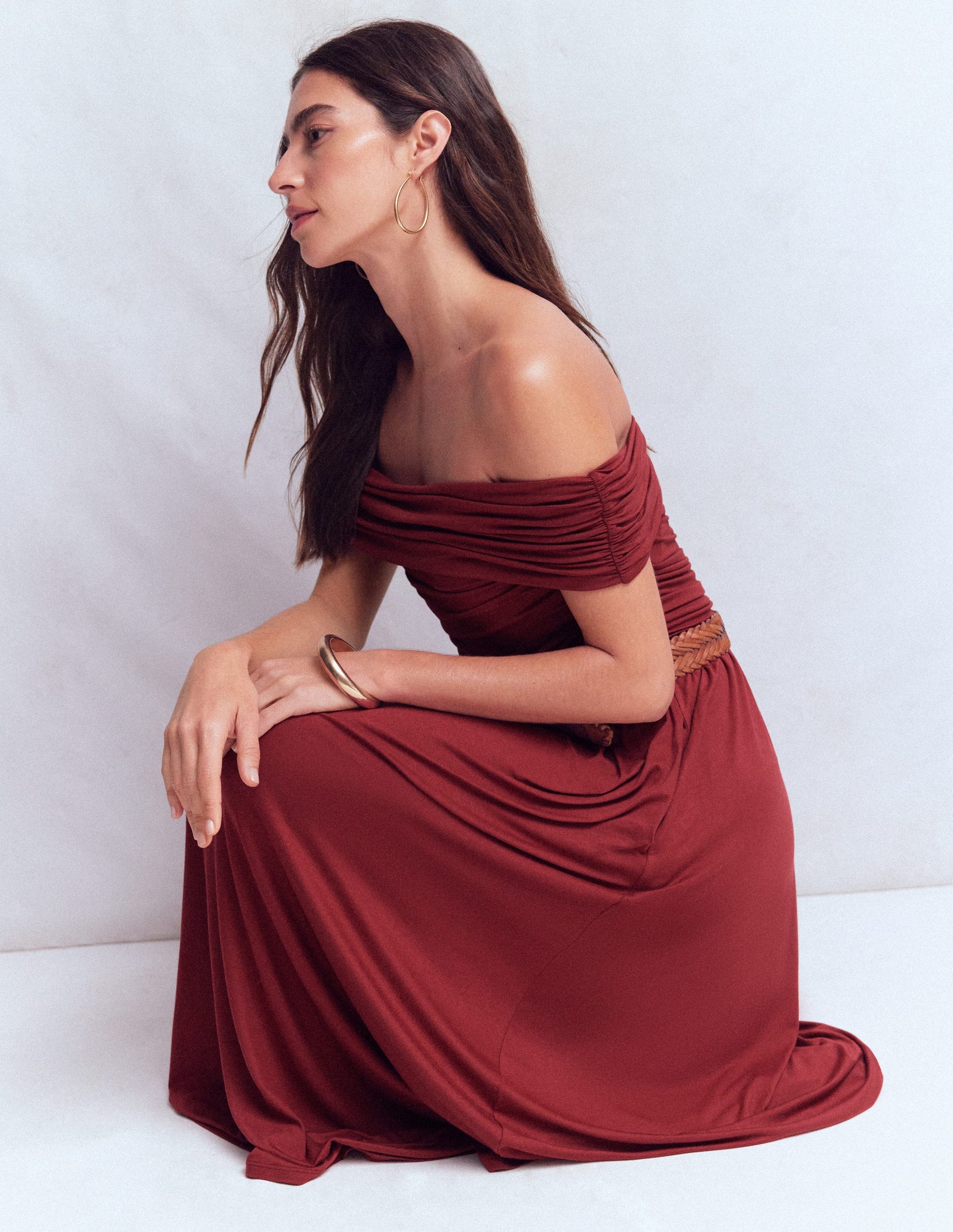 Ruched Bardot Maxi Dress-Burgundy-5