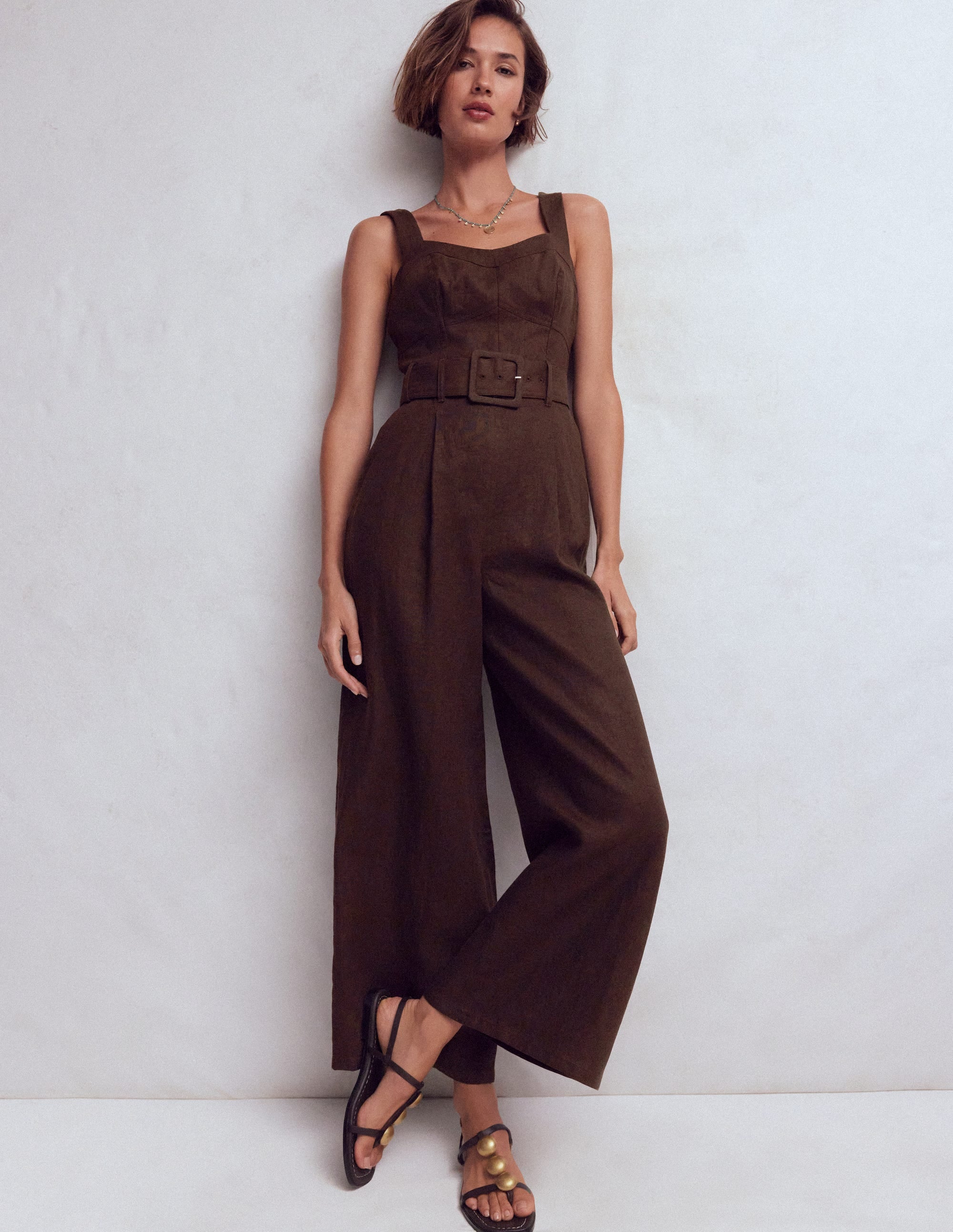 Panelled Bodice Linen Jumpsuit-Bitter Chocolate - Image 1