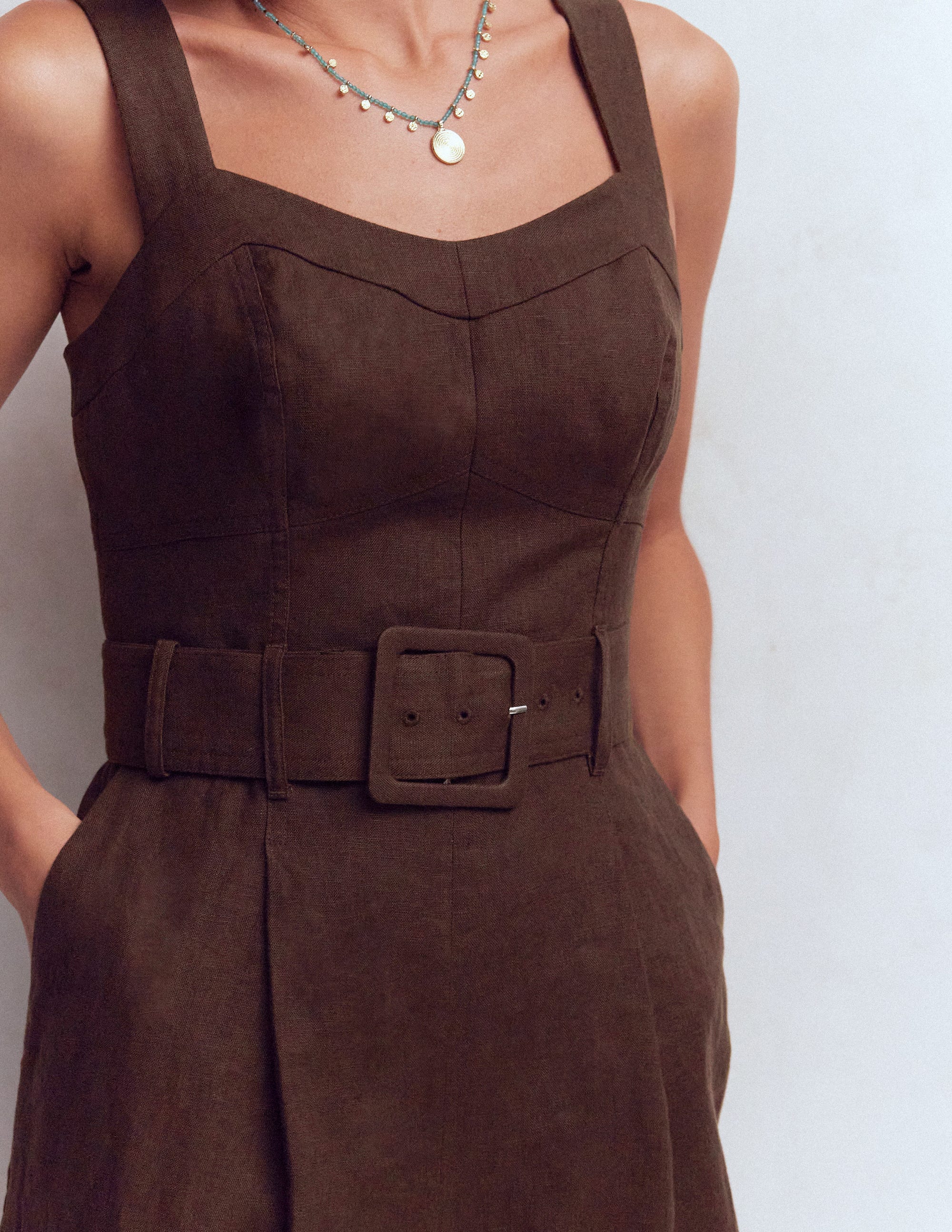 Panelled Bodice Linen Jumpsuit-Bitter Chocolate - Image 2
