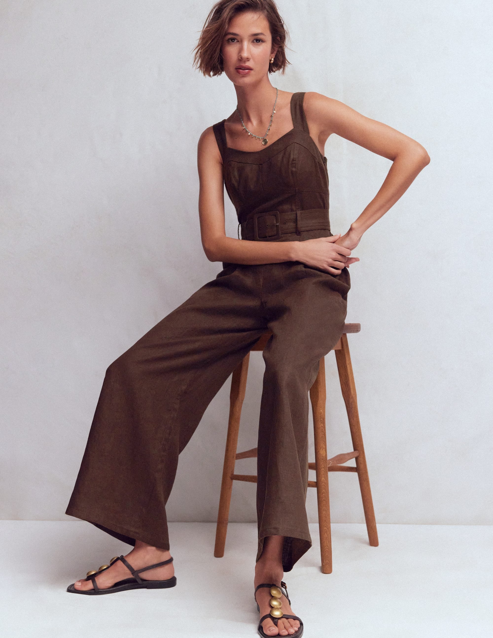 Panelled Bodice Linen Jumpsuit-Bitter Chocolate - Image 4