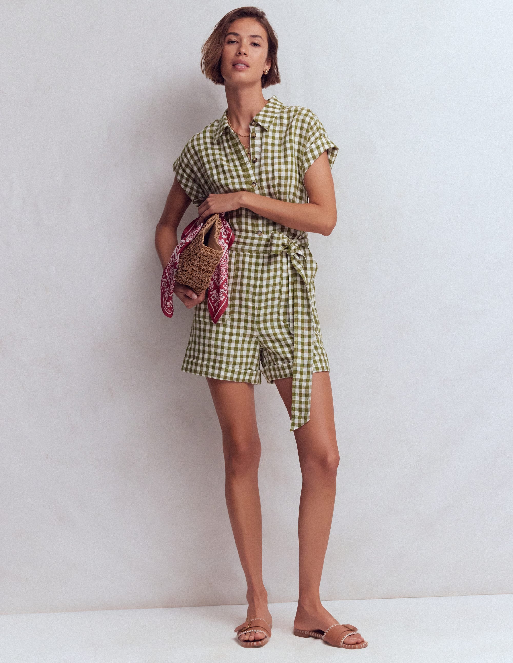 Kay Linen Playsuit-Olive, Ivory Gingham - Image 1