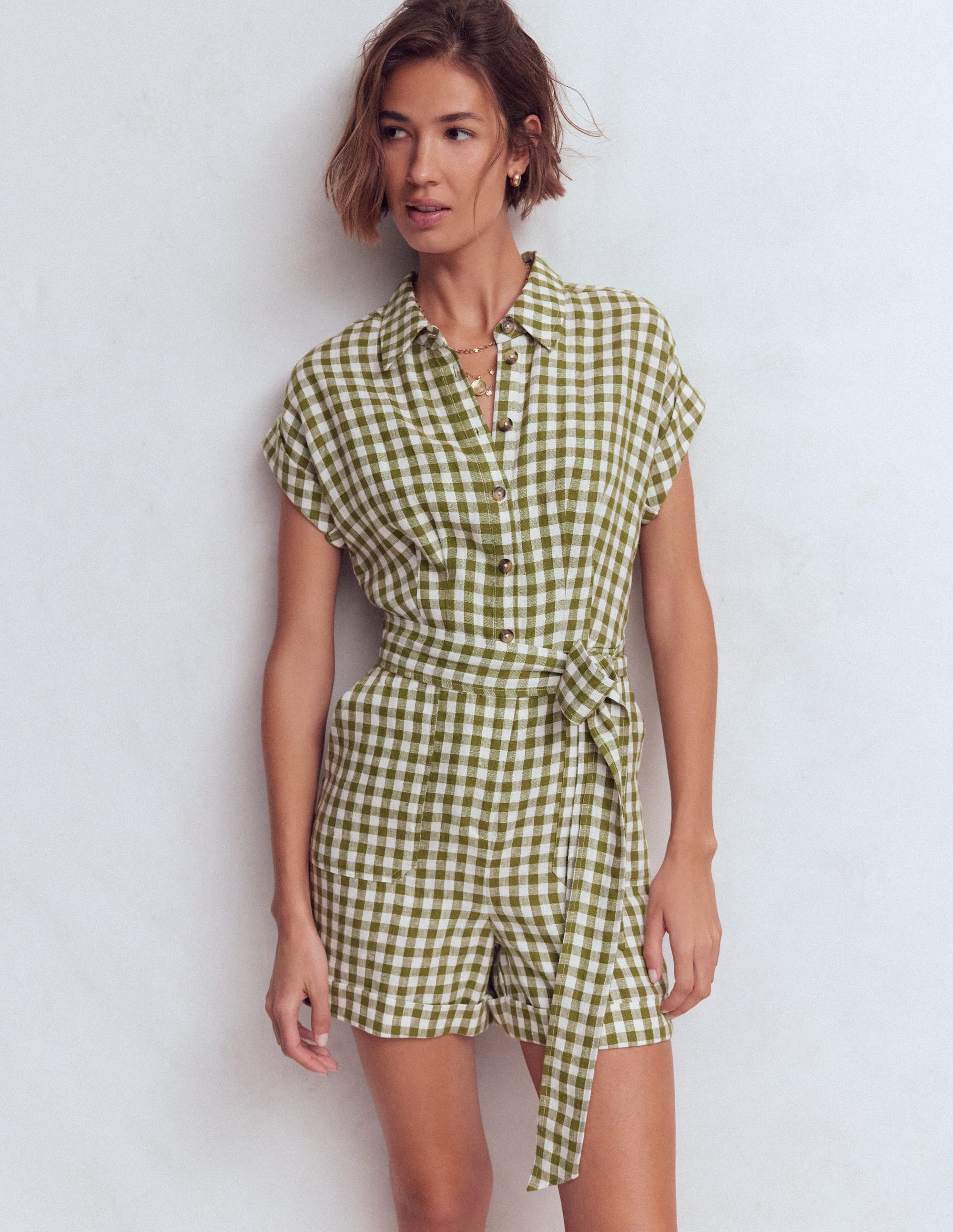 Kay Linen Playsuit-Olive, Ivory Gingham - Image 4