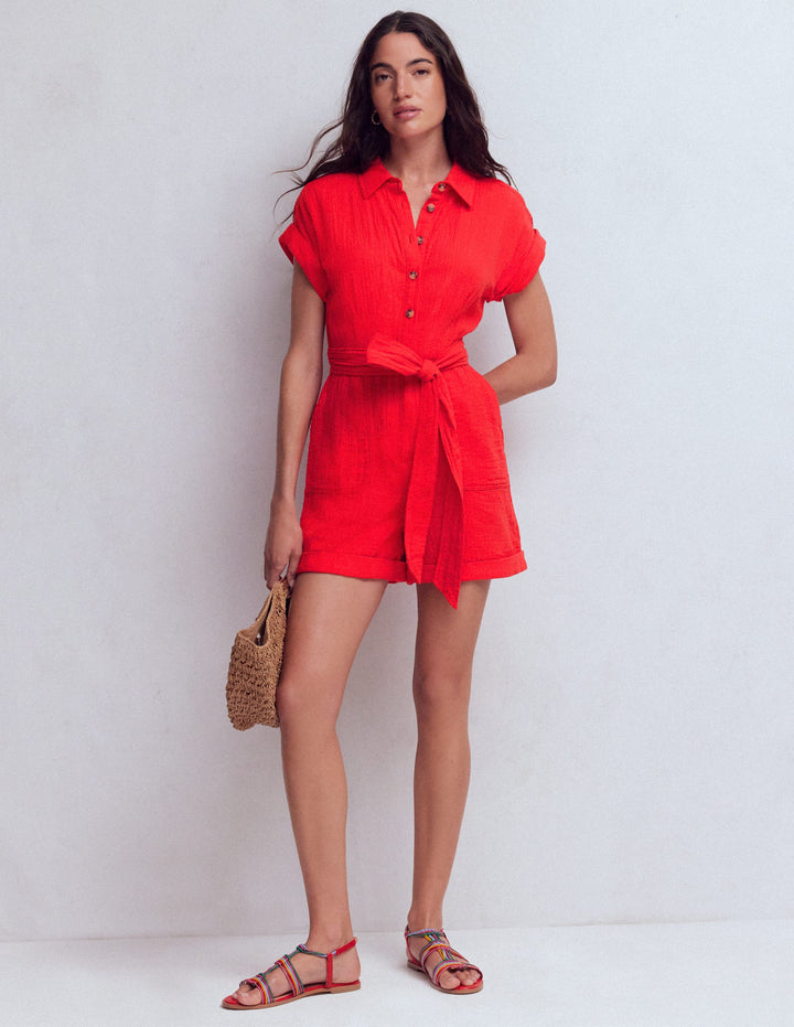 Kay Double Cloth Playsuit-Poppy Red