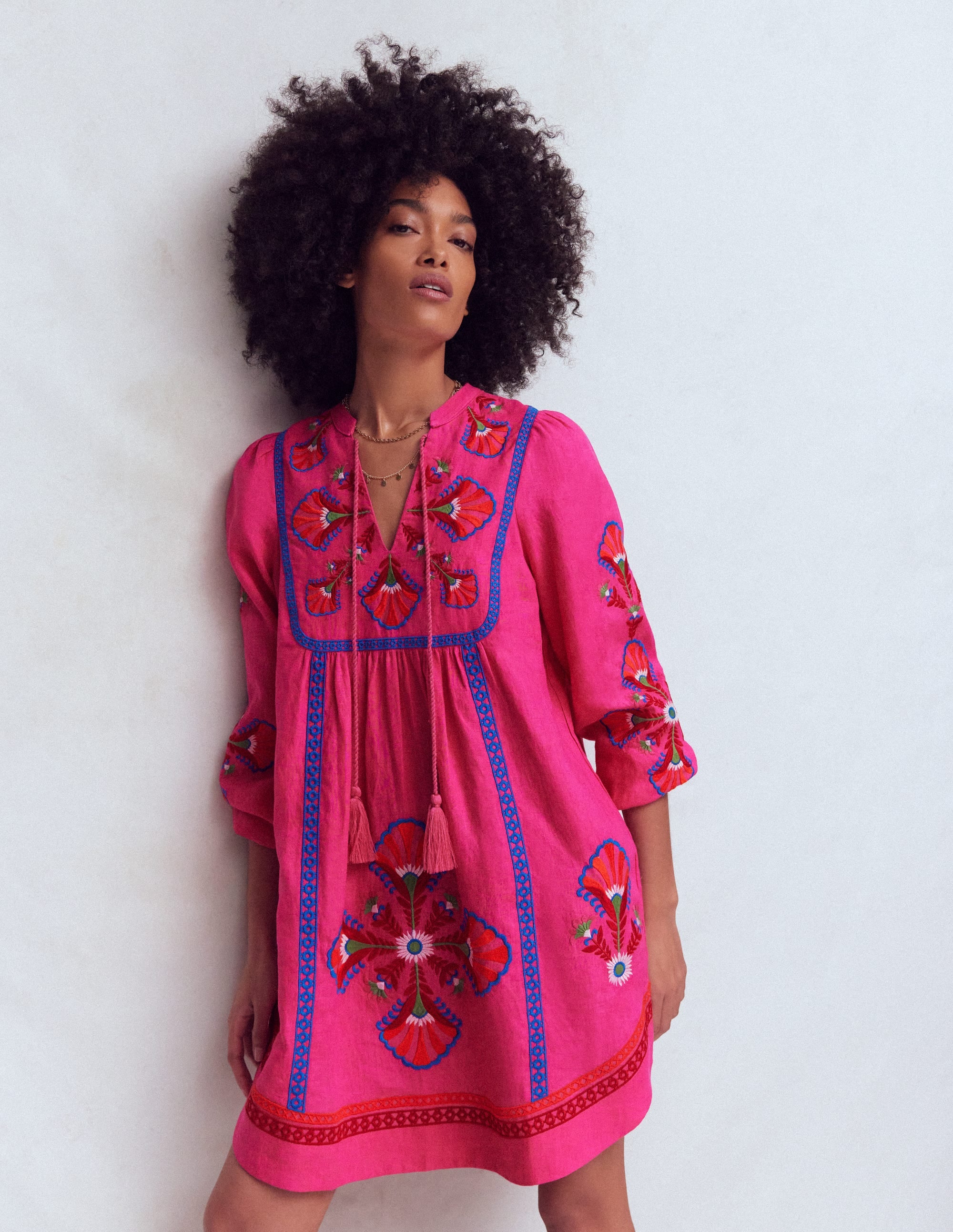 Pia Linen Blend Yoke Dress-Pink Embroidery - Image 1