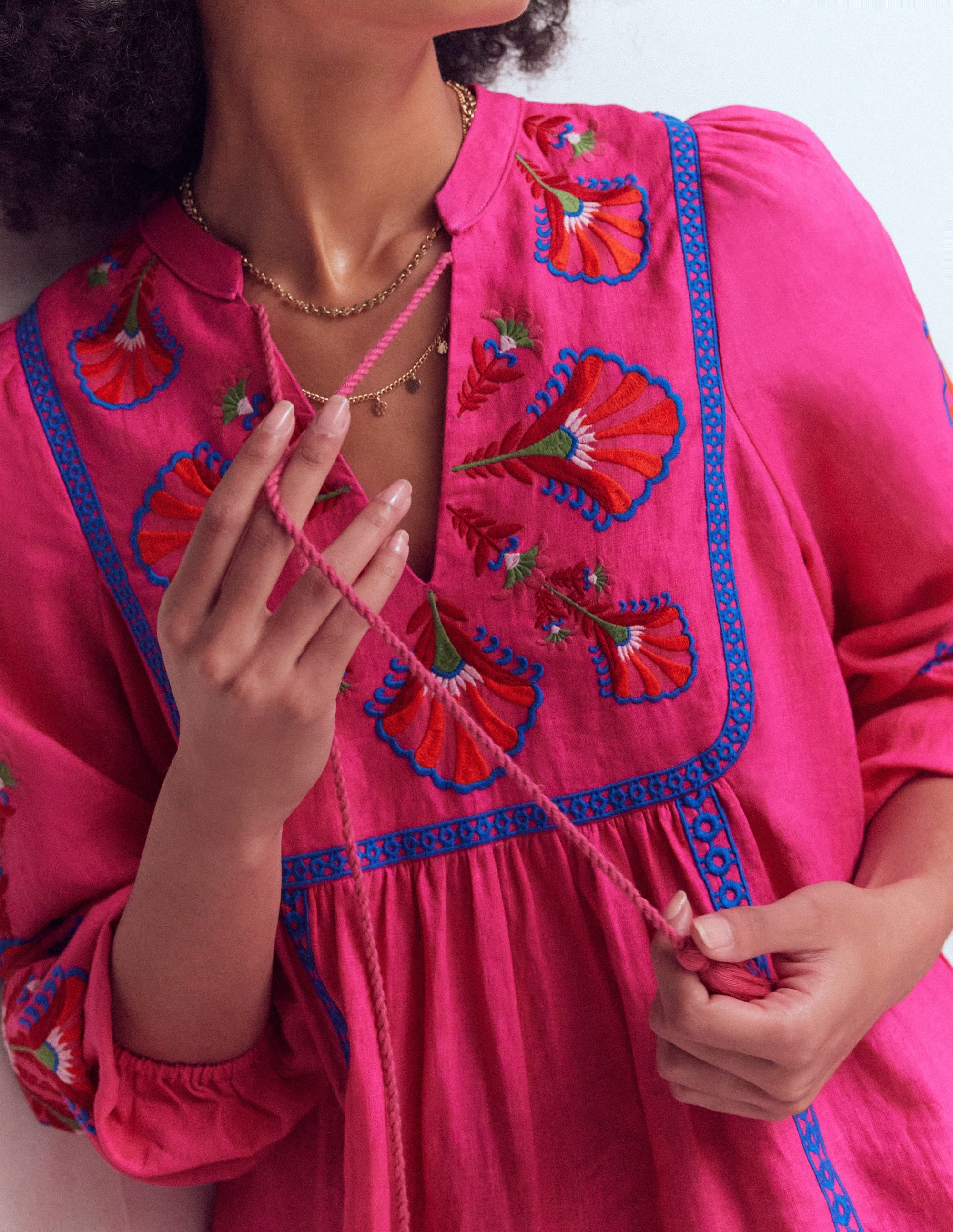Pia Linen Blend Yoke Dress-Pink Embroidery - Image 2