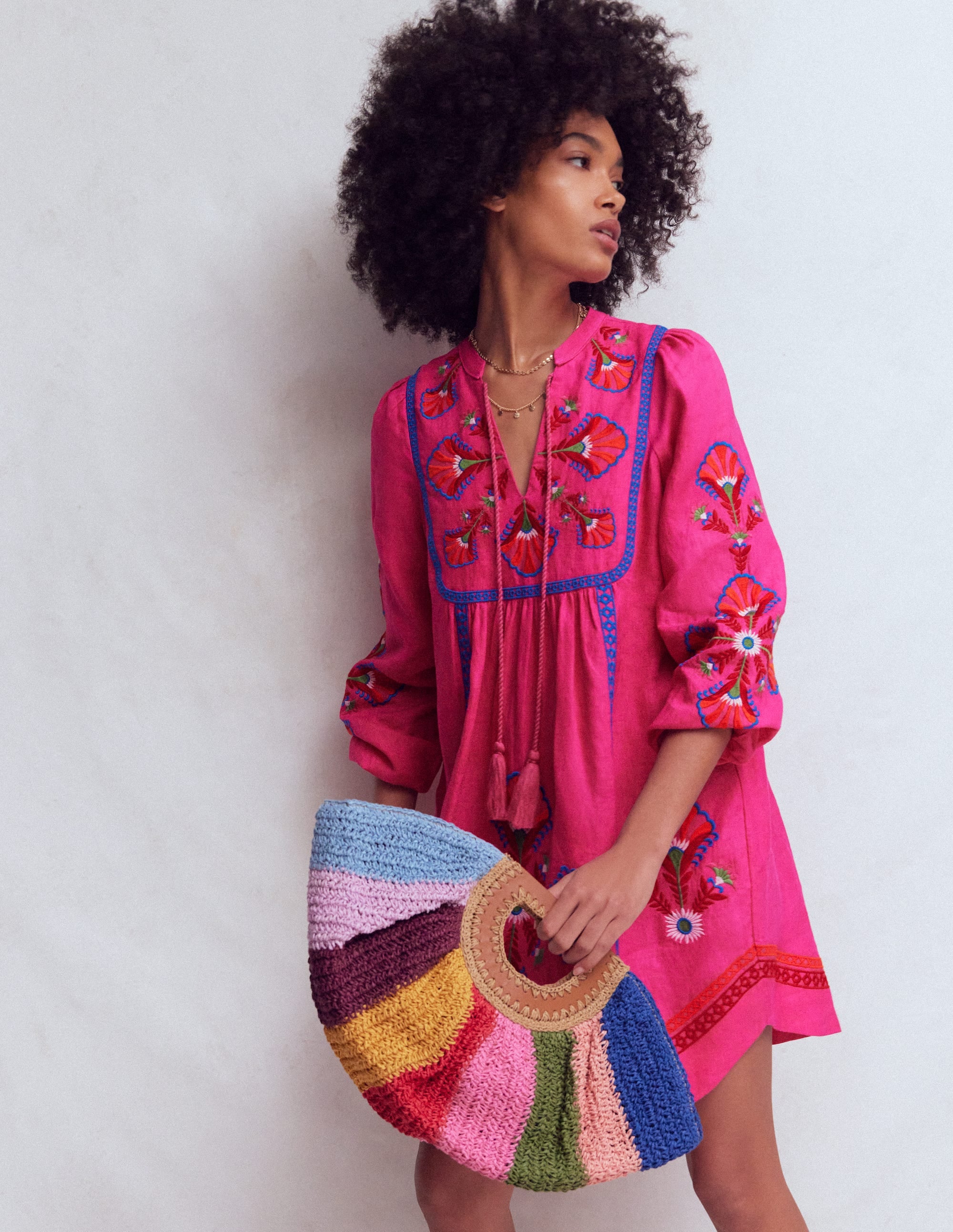 Pia Linen Blend Yoke Dress-Pink Embroidery - Image 4