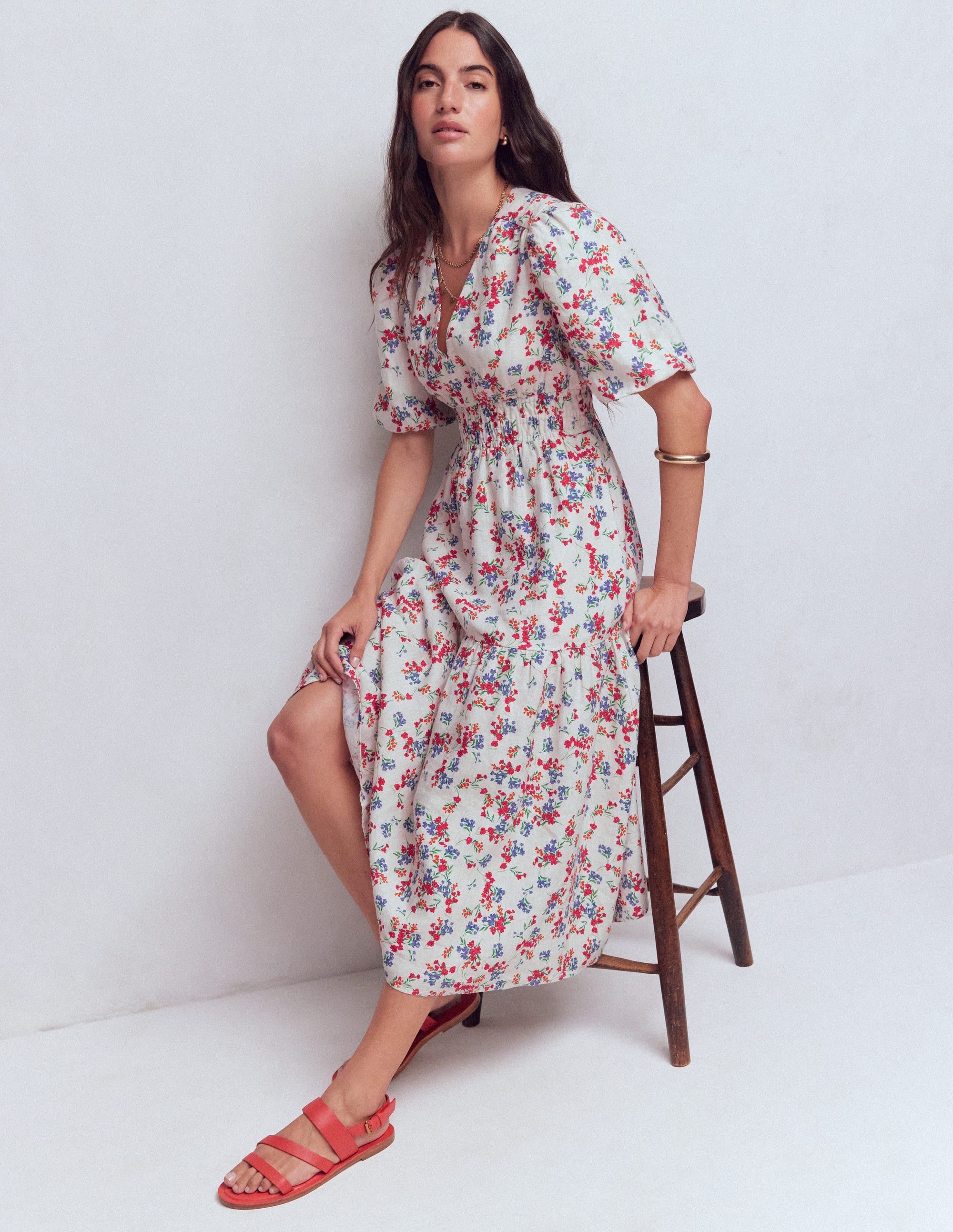 Irene Linen Midi Dress-Ivory, Bloom Scatter - Image 1