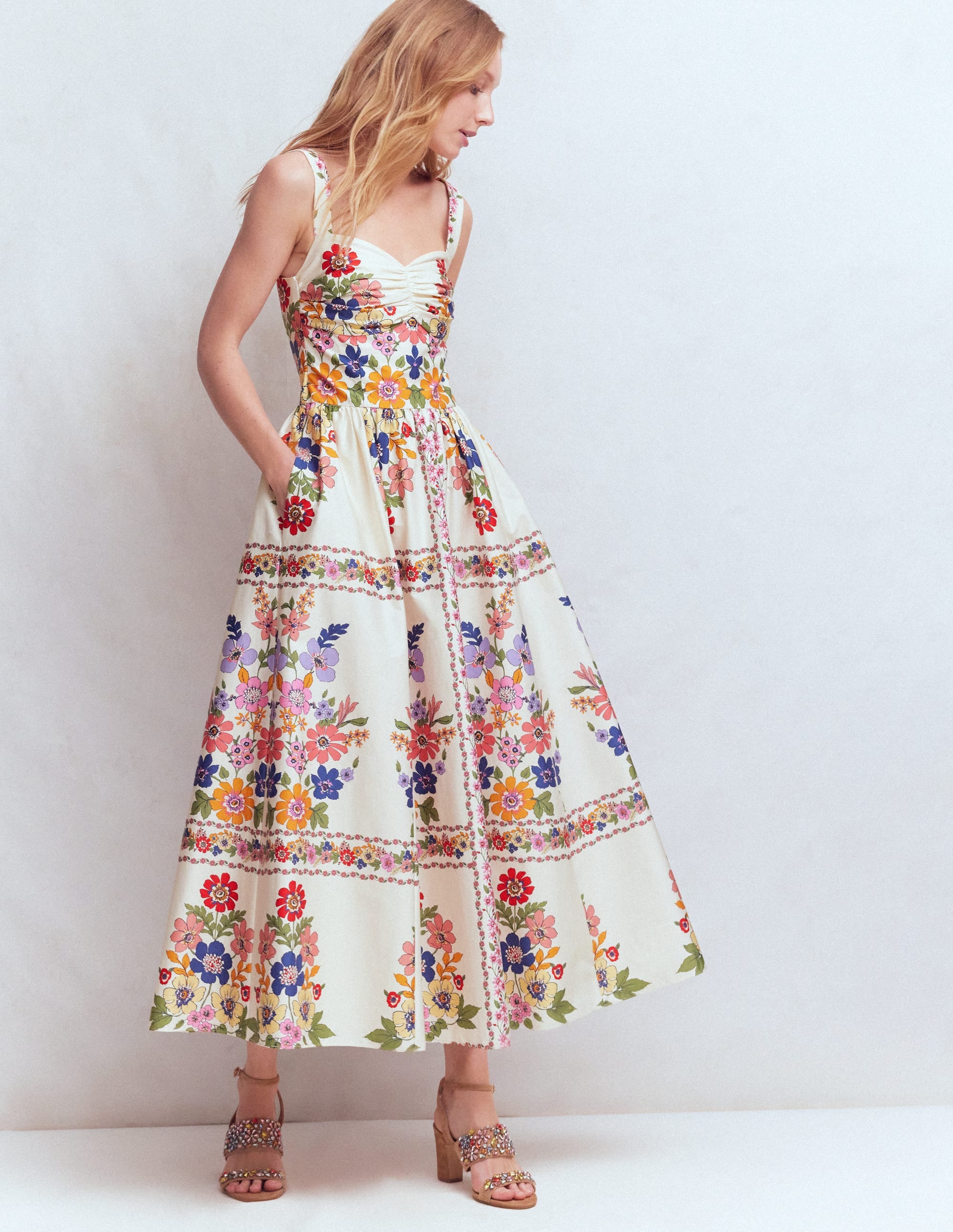 Fit and Flare Midi Dress-Multi Meadow Flowers Lattice - Image 1