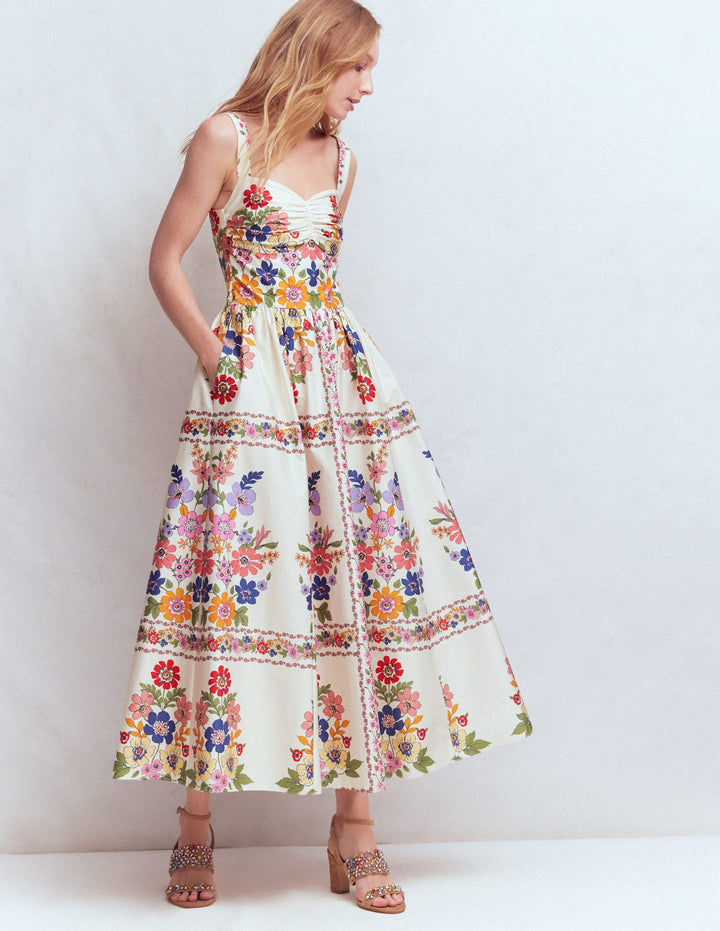Fit and Flare Midi Dress-Multi Meadow Flowers Lattice