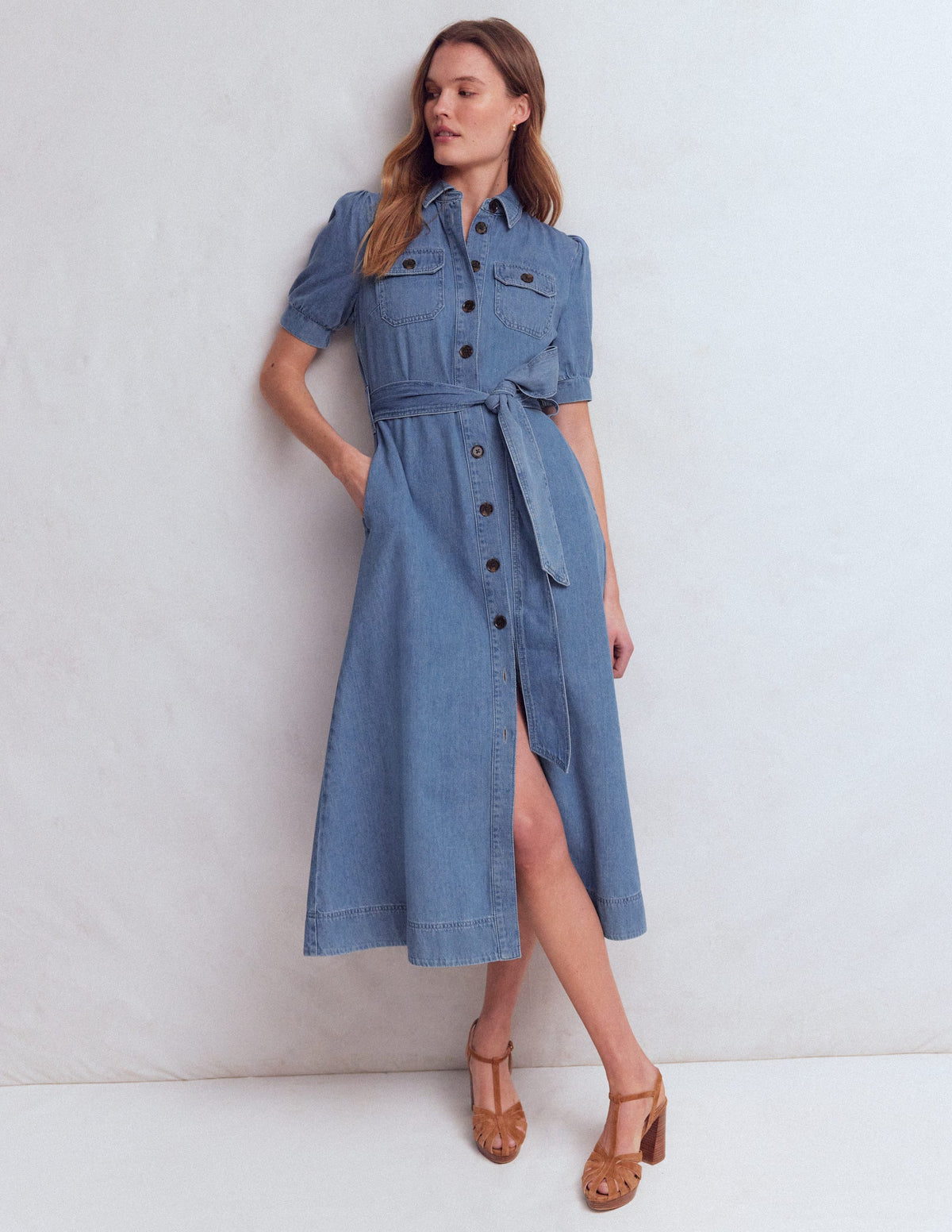 Puff Sleeve Denim Shirt Dress-Mid Vintage - Image 1