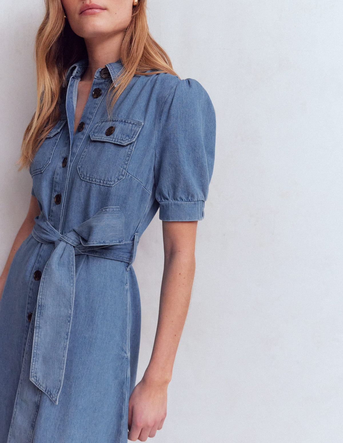 Puff Sleeve Denim Shirt Dress-Mid Vintage - Image 2
