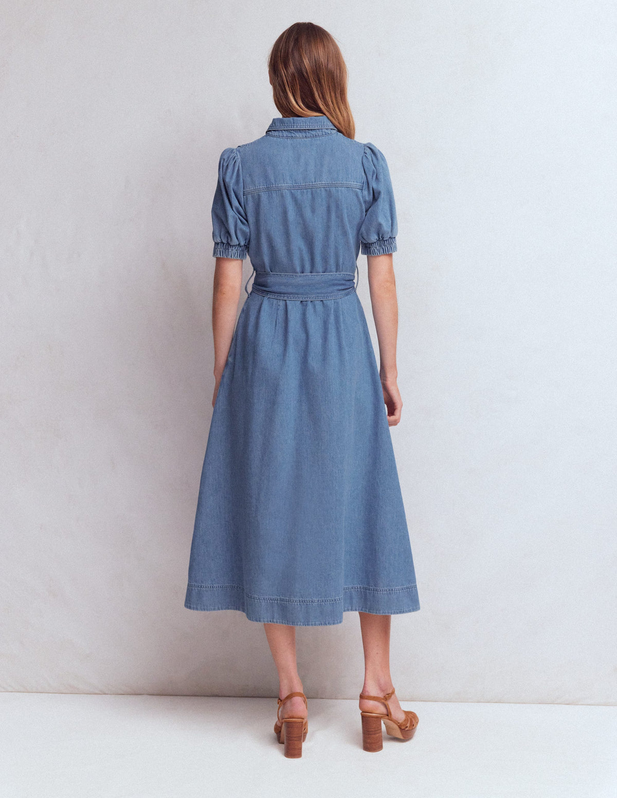 Puff Sleeve Denim Shirt Dress-Mid Vintage - Image 3