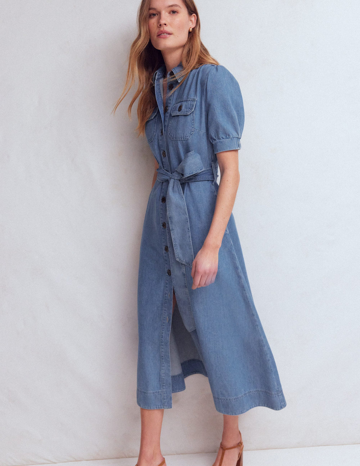 Puff Sleeve Denim Shirt Dress-Mid Vintage - Image 4