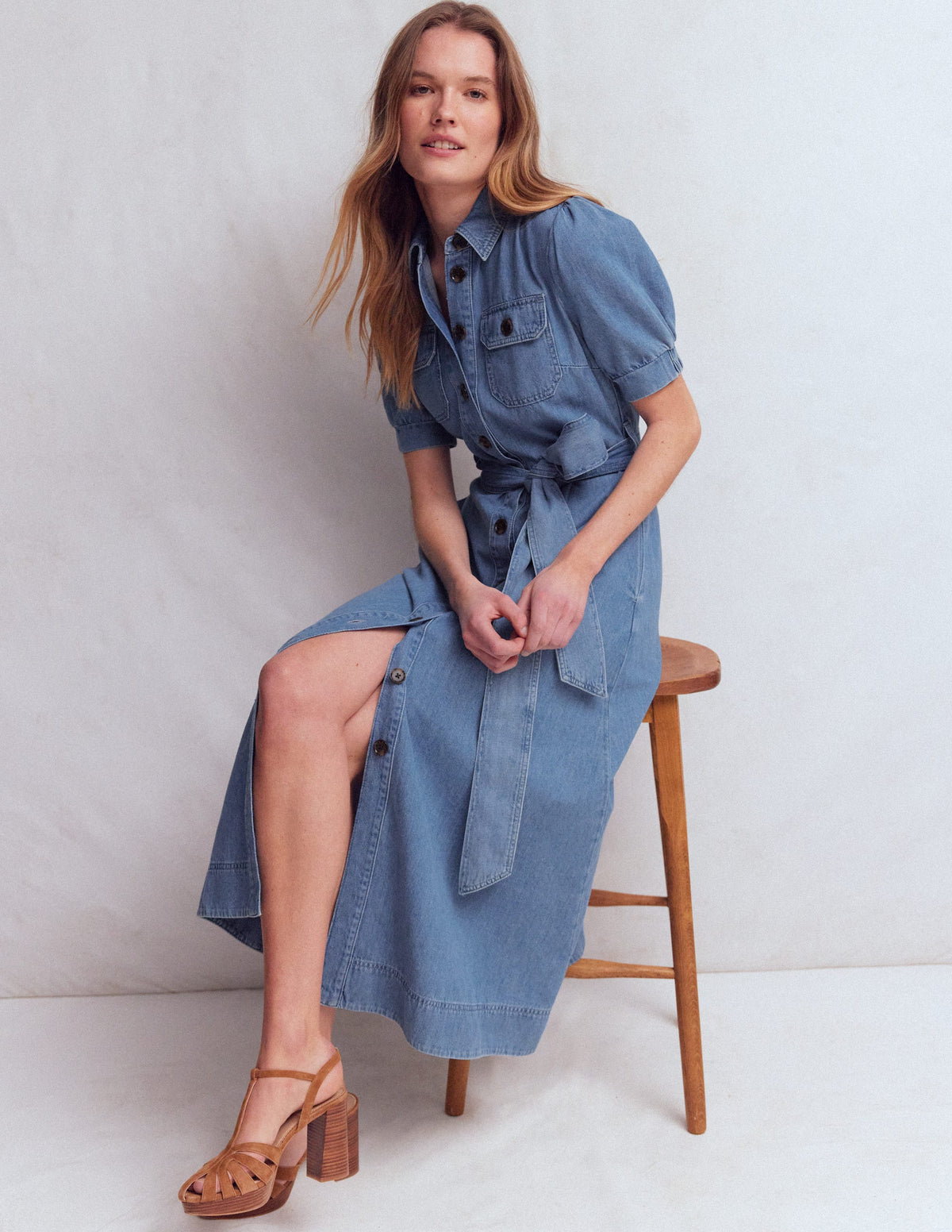 Puff Sleeve Denim Shirt Dress-Mid Vintage - Image 5