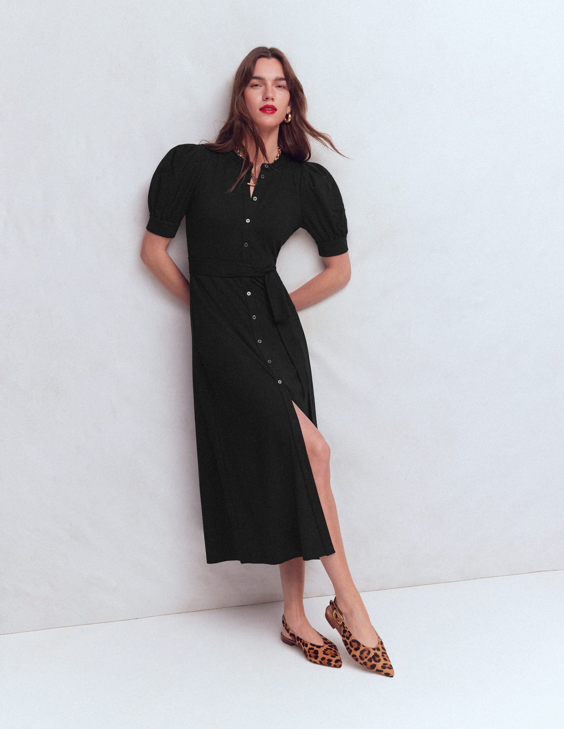 Puff Sleeve Ponte Shirt Dress-Black-1
