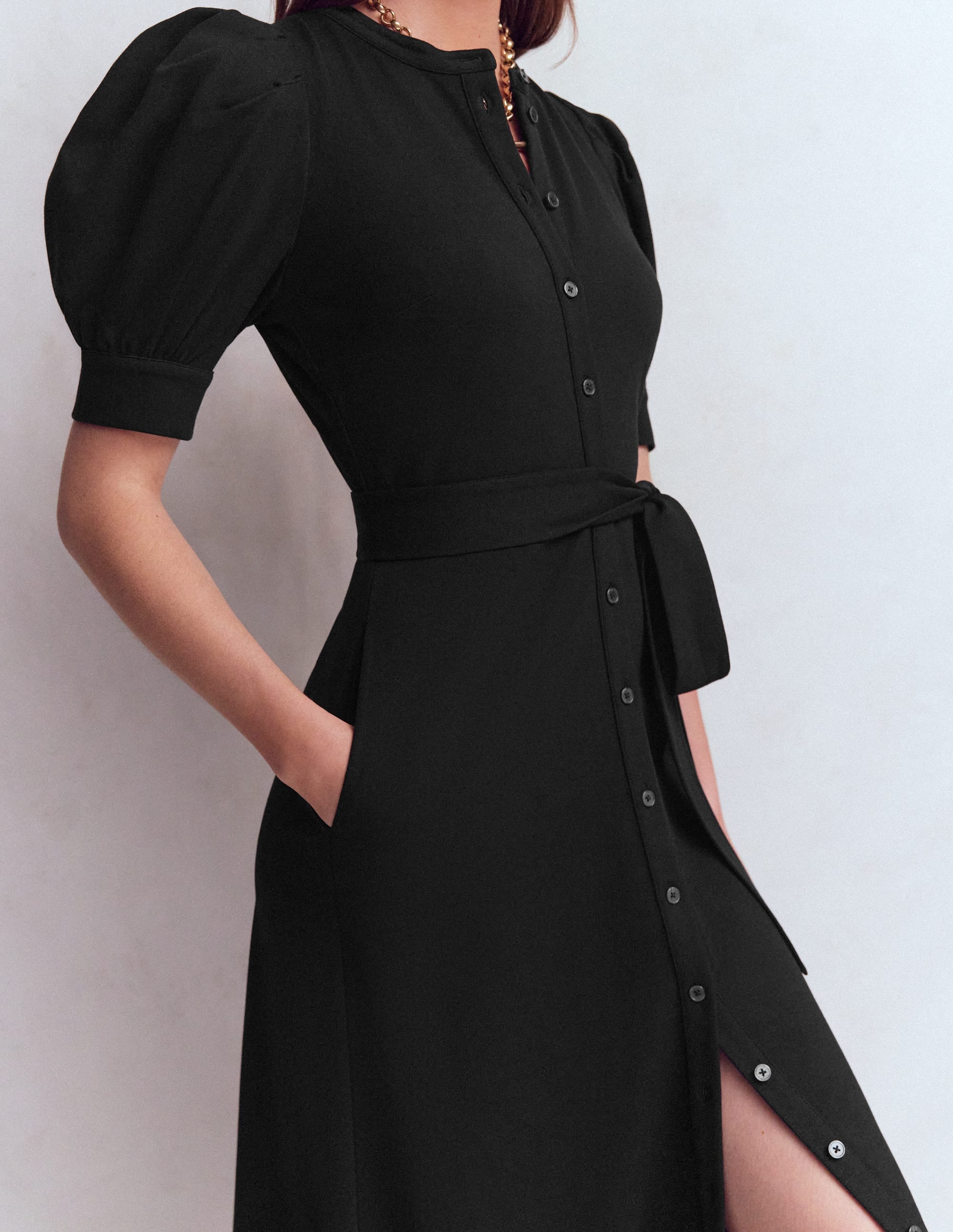 Puff Sleeve Ponte Shirt Dress-Black - Image 2