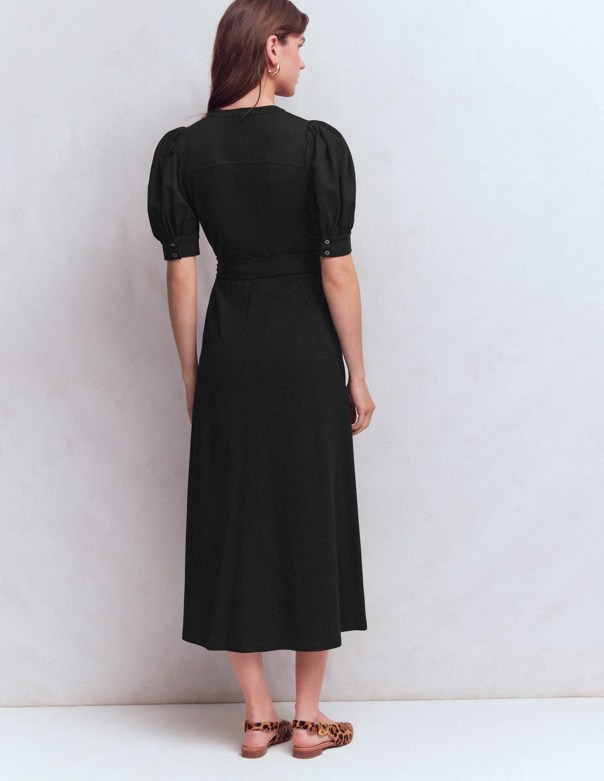 Puff Sleeve Ponte Shirt Dress-Black - Image 3