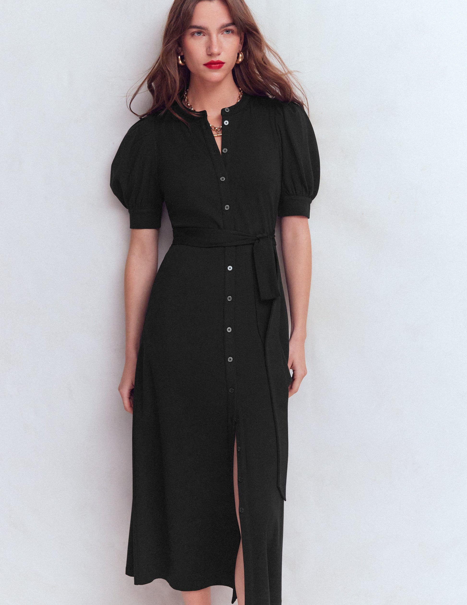 Puff Sleeve Ponte Shirt Dress-Black-5
