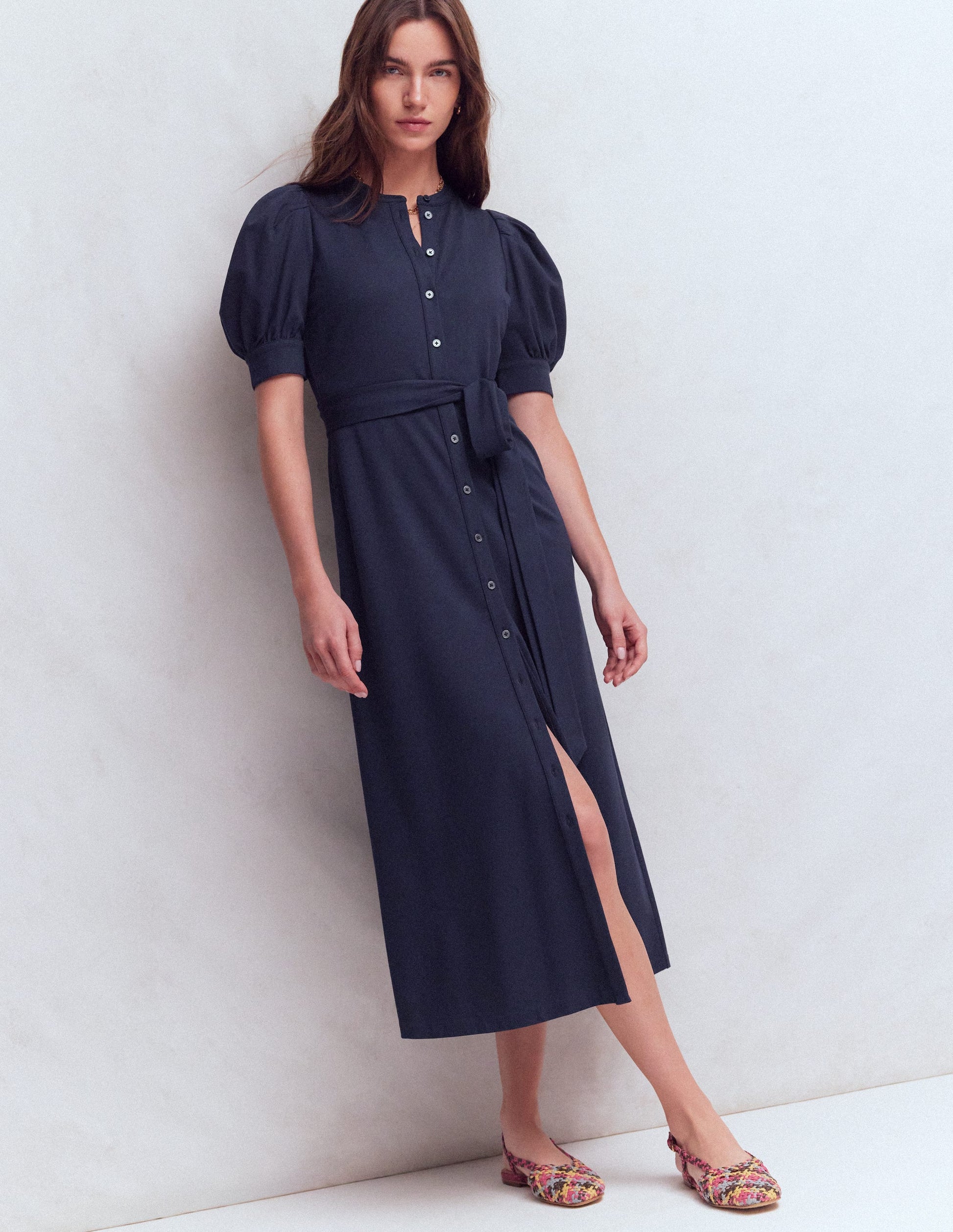 Puff Sleeve Ponte Shirt Dress-Navy-1