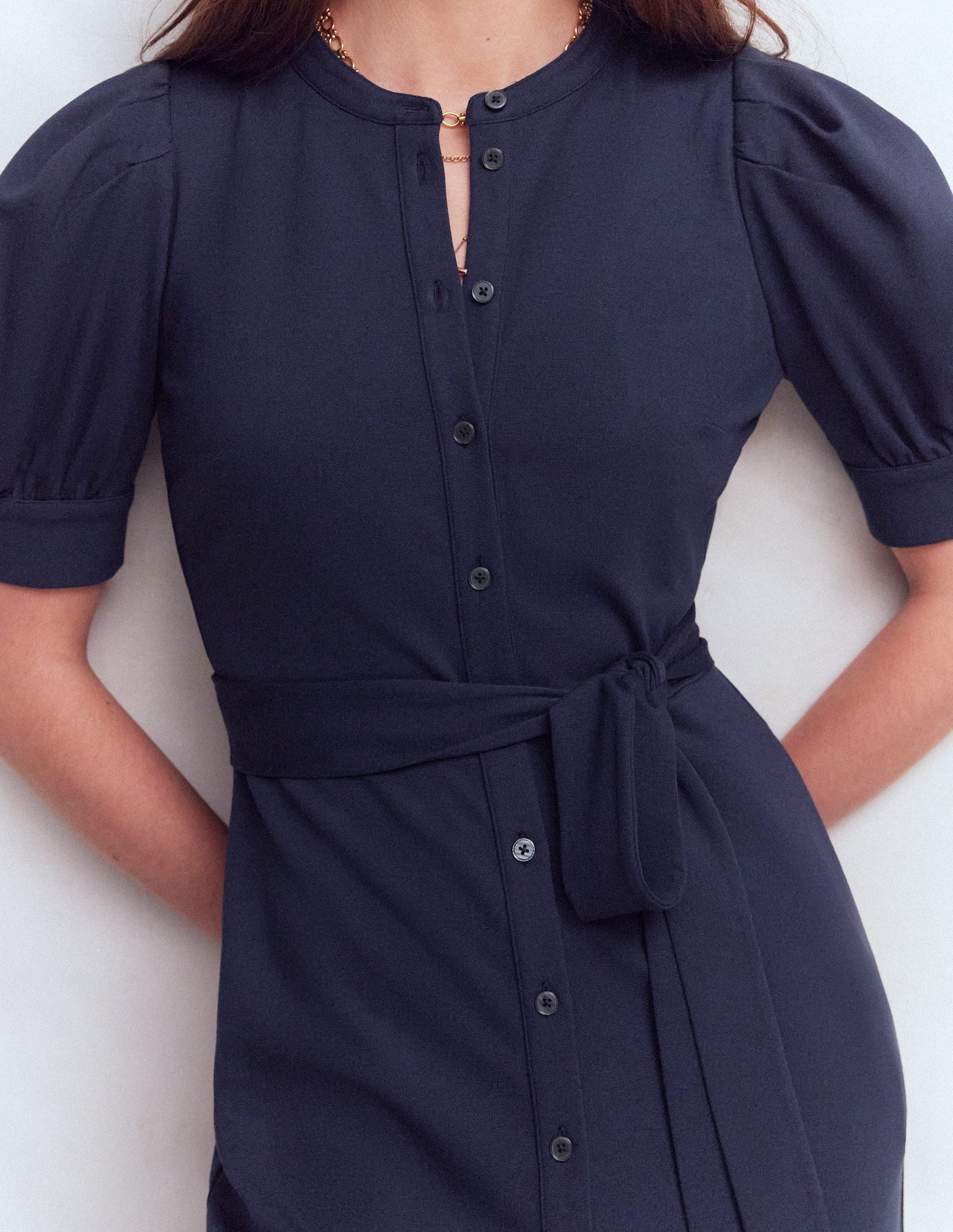Puff Sleeve Ponte Shirt Dress-Navy-2