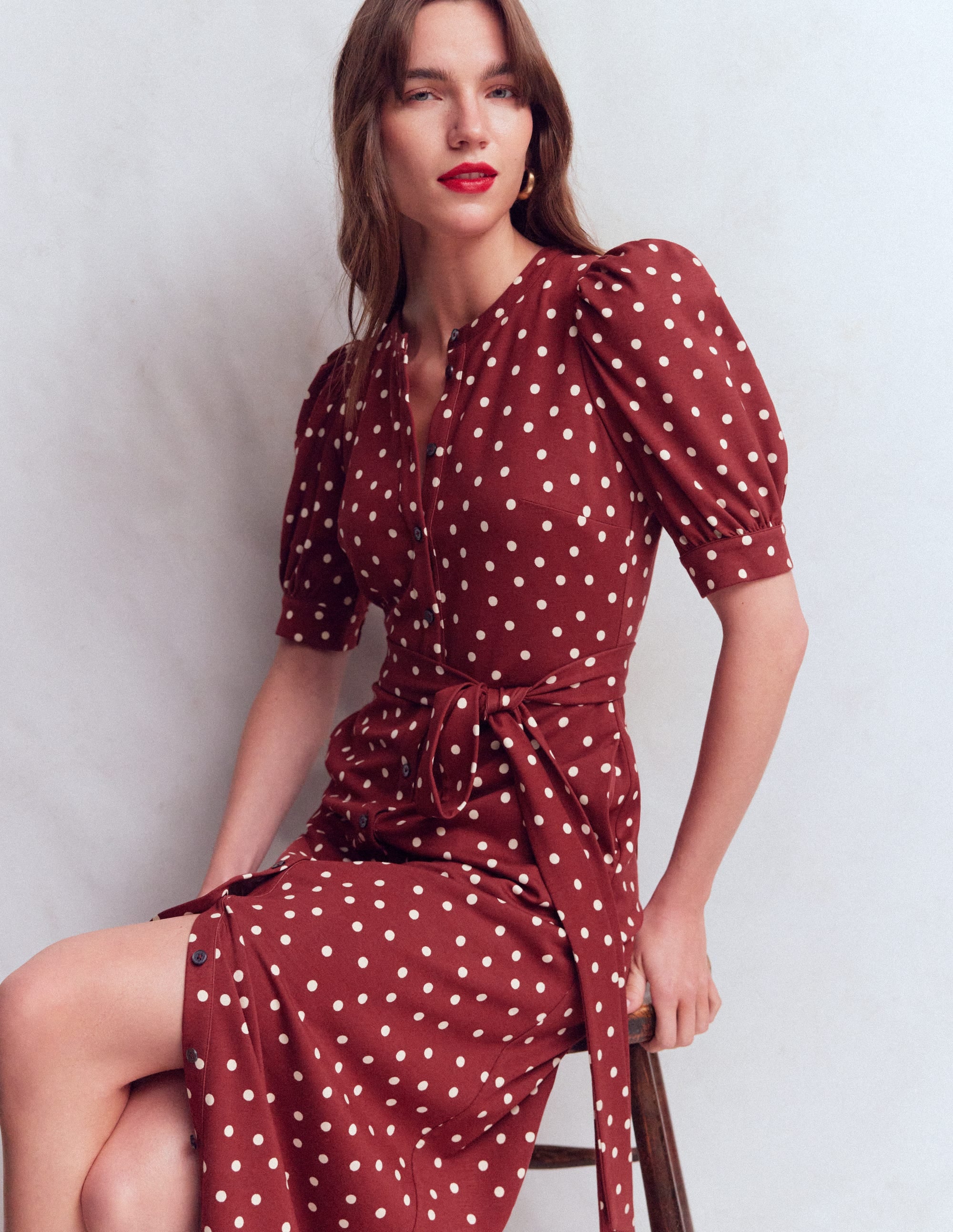 Puff Sleeve Ponte Shirt Dress-Red Pear, Painted Dot - Image 1