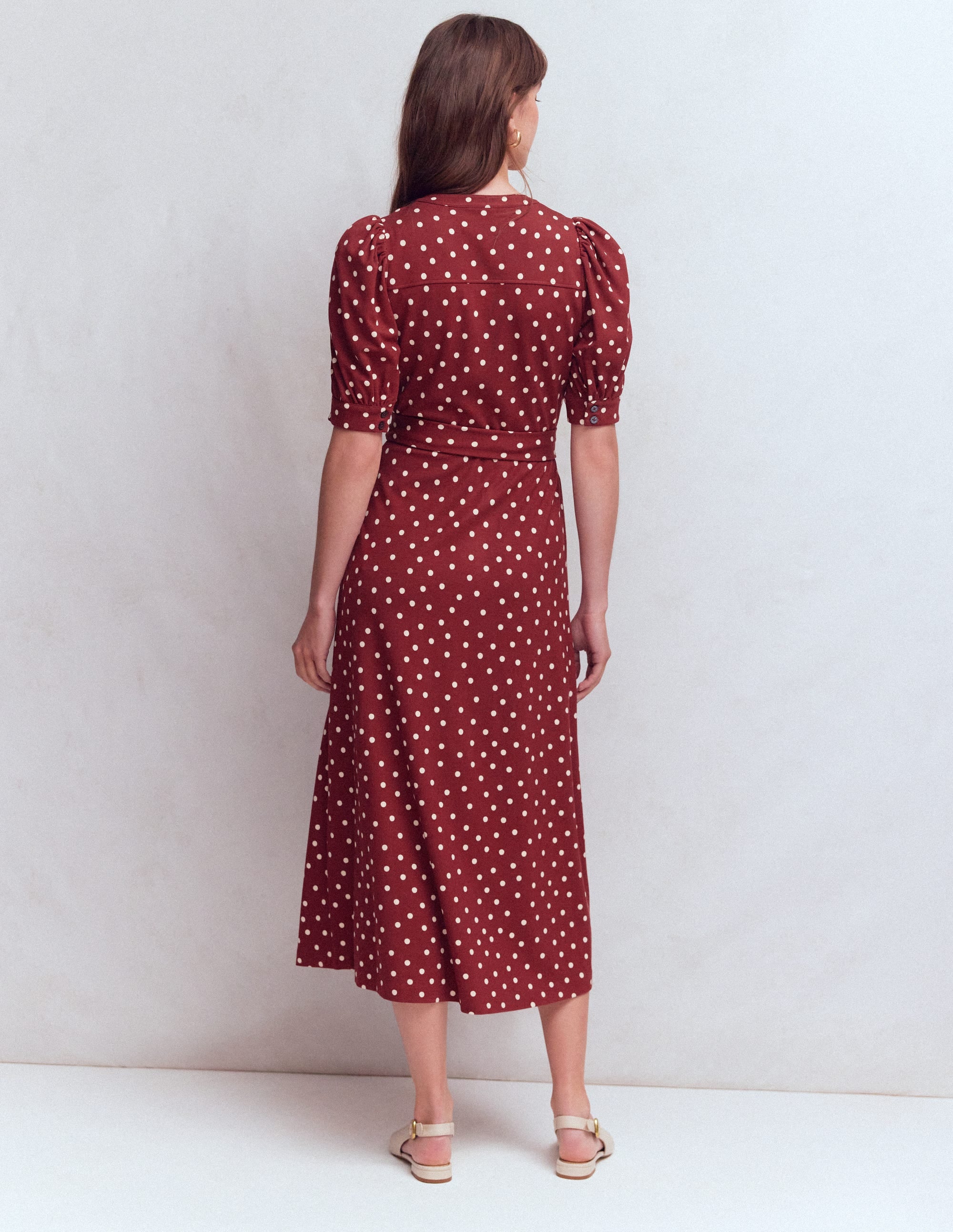Puff Sleeve Ponte Shirt Dress-Red Pear, Painted Dot - Image 3