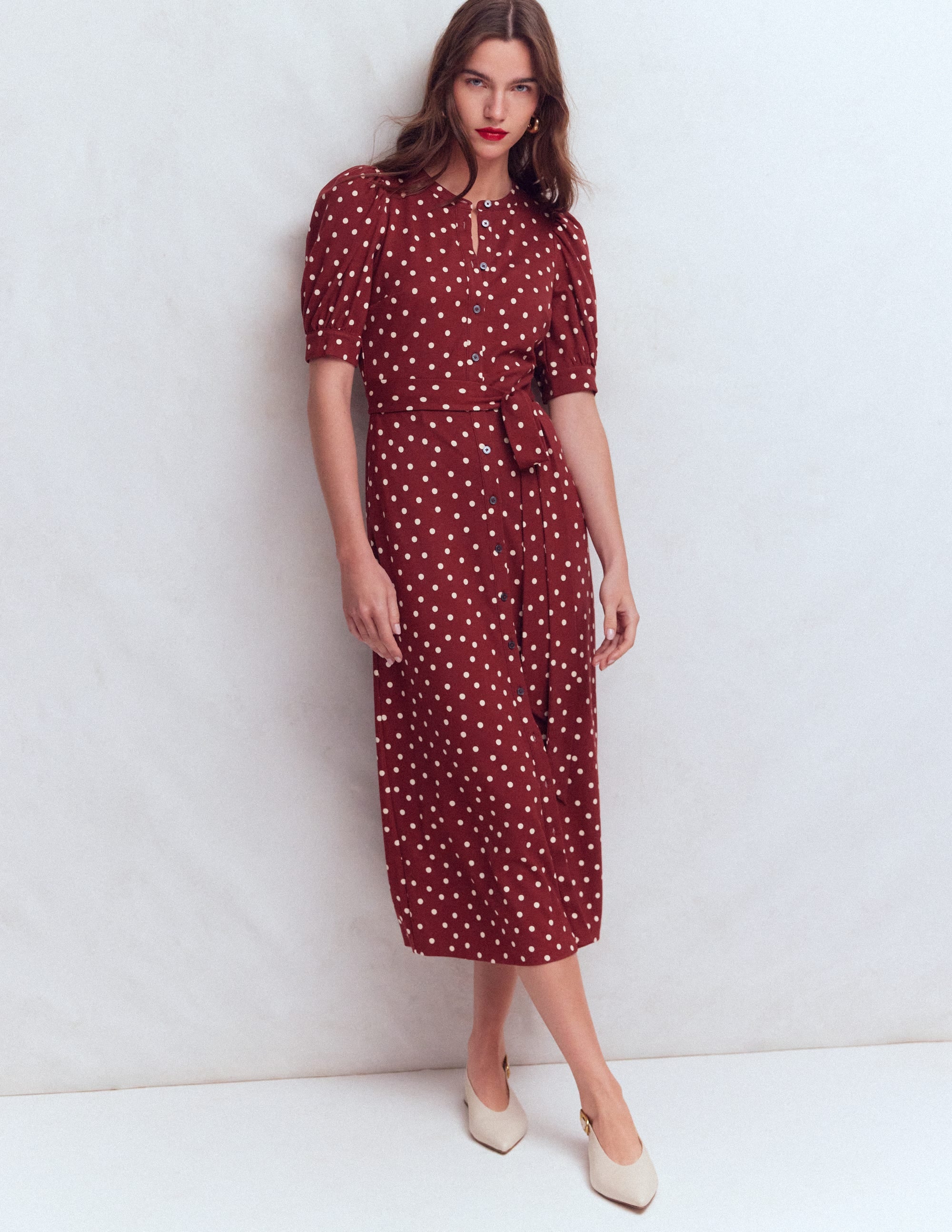 Puff Sleeve Ponte Shirt Dress-Red Pear, Painted Dot - Image 4