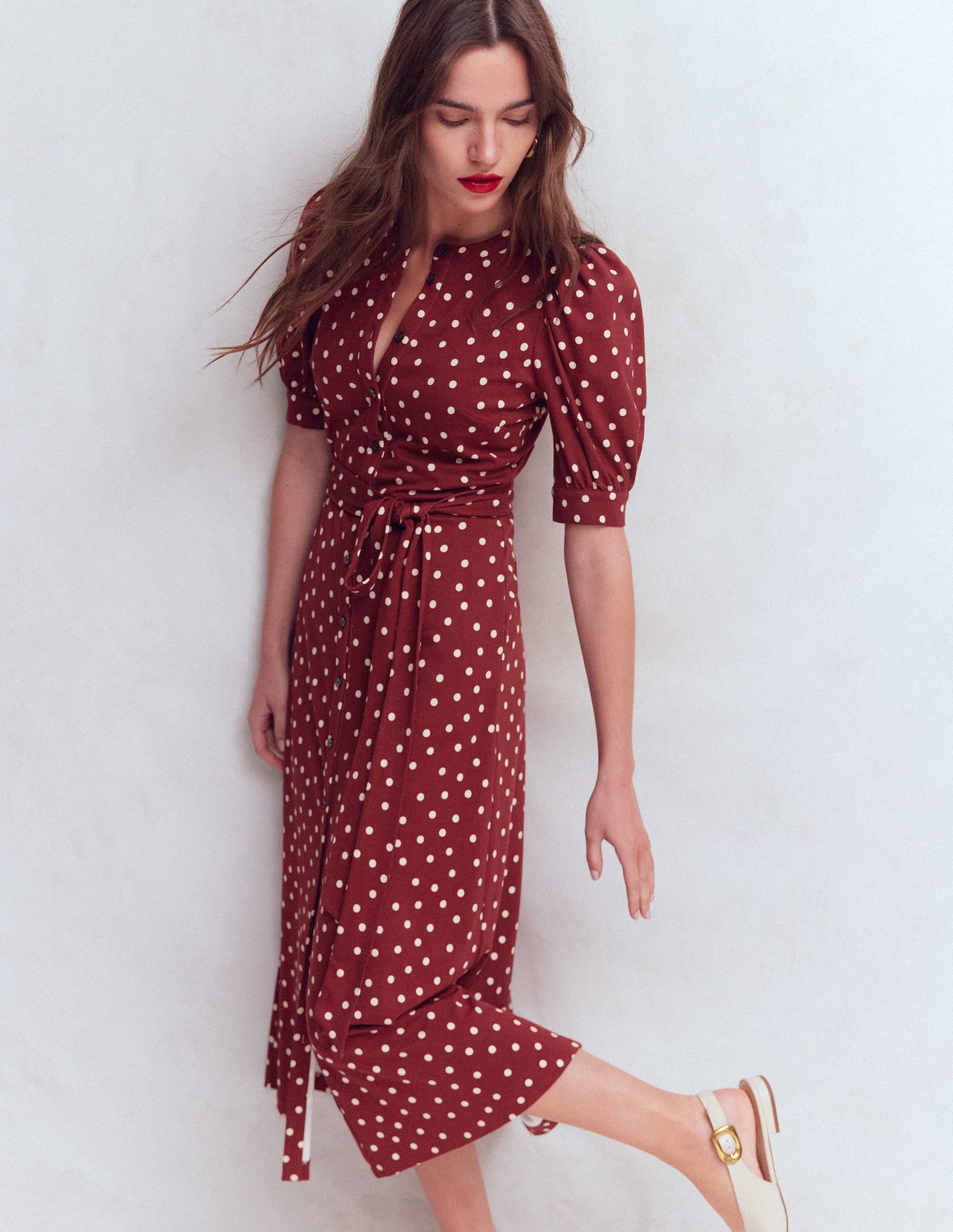 Puff Sleeve Ponte Shirt Dress-Red Pear, Painted Dot - Image 6