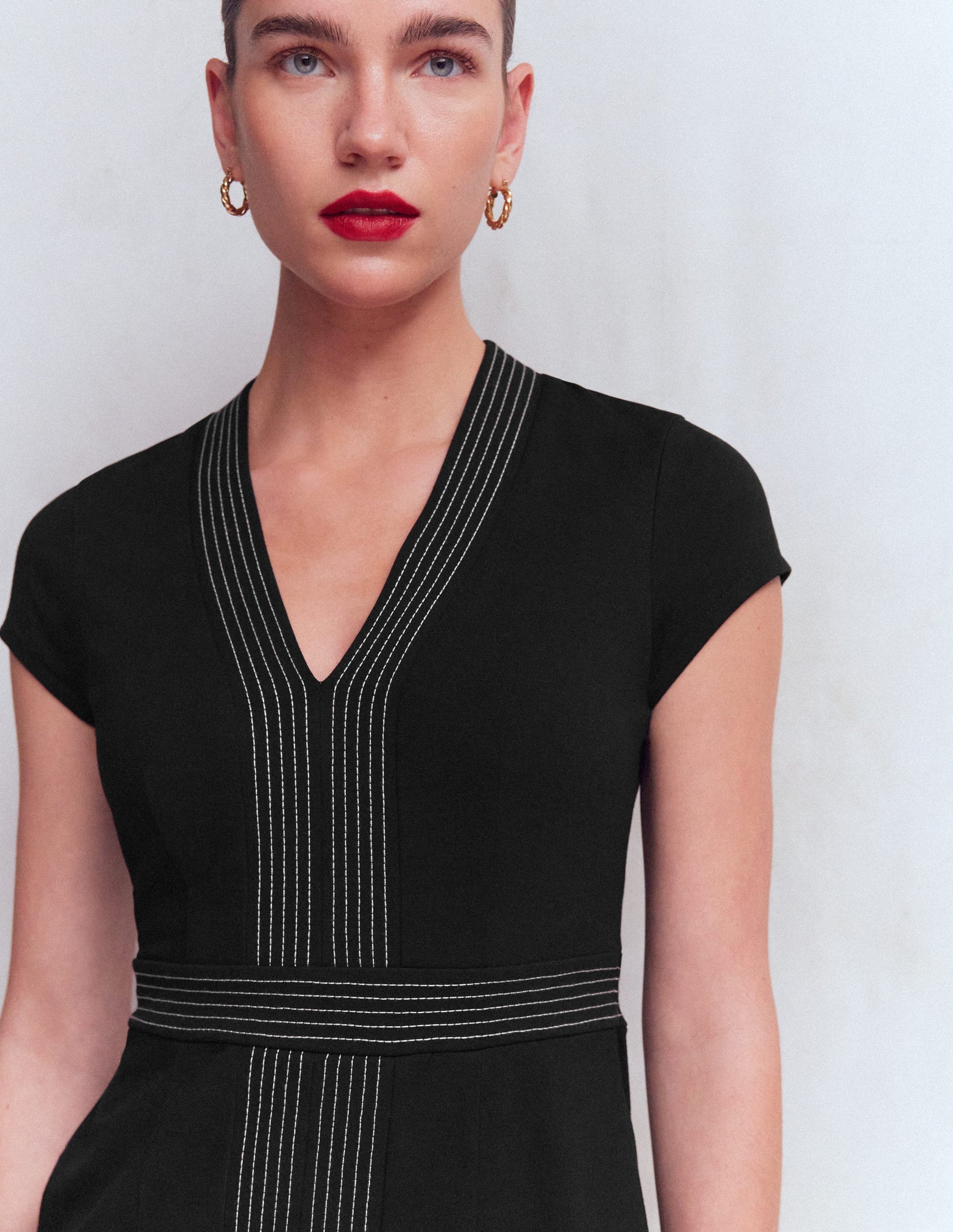 Topstitch V-neck Ponte Dress-Black-2