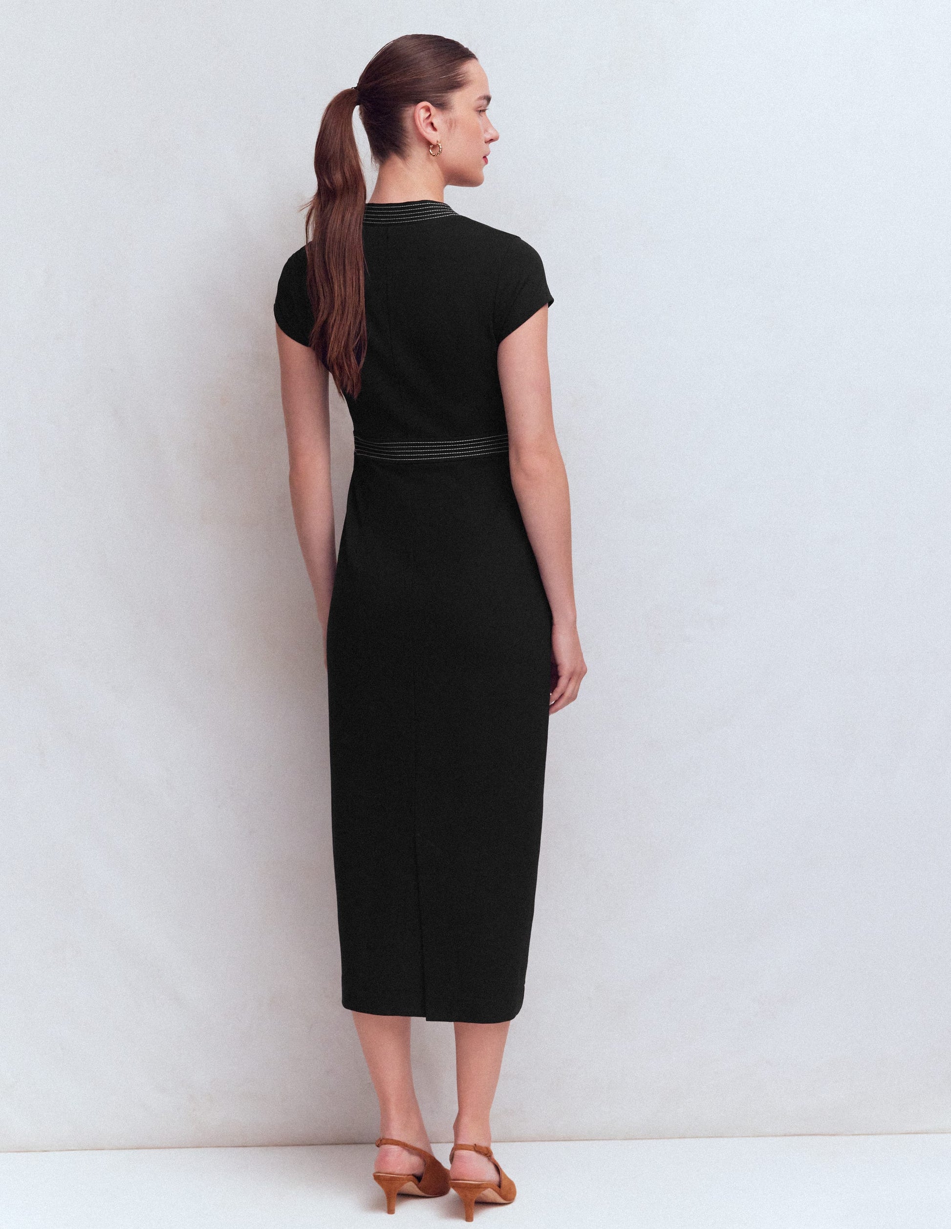 Topstitch V-neck Ponte Dress-Black-3