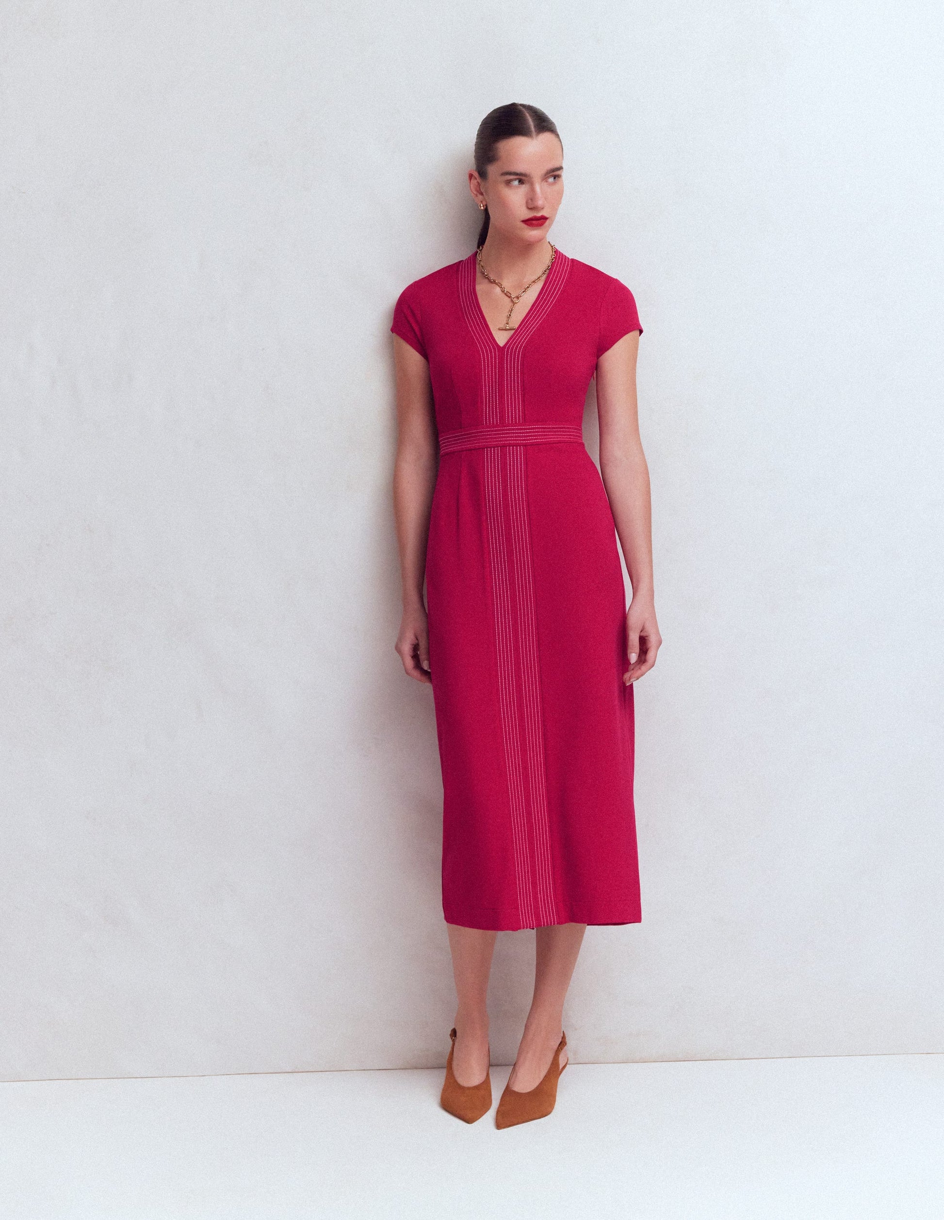 Topstitch V-neck Ponte Dress-Pomegranate-1