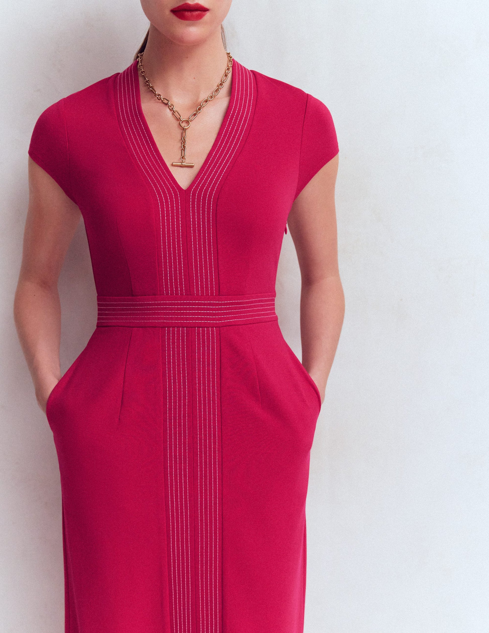 Topstitch V-neck Ponte Dress-Pomegranate-2