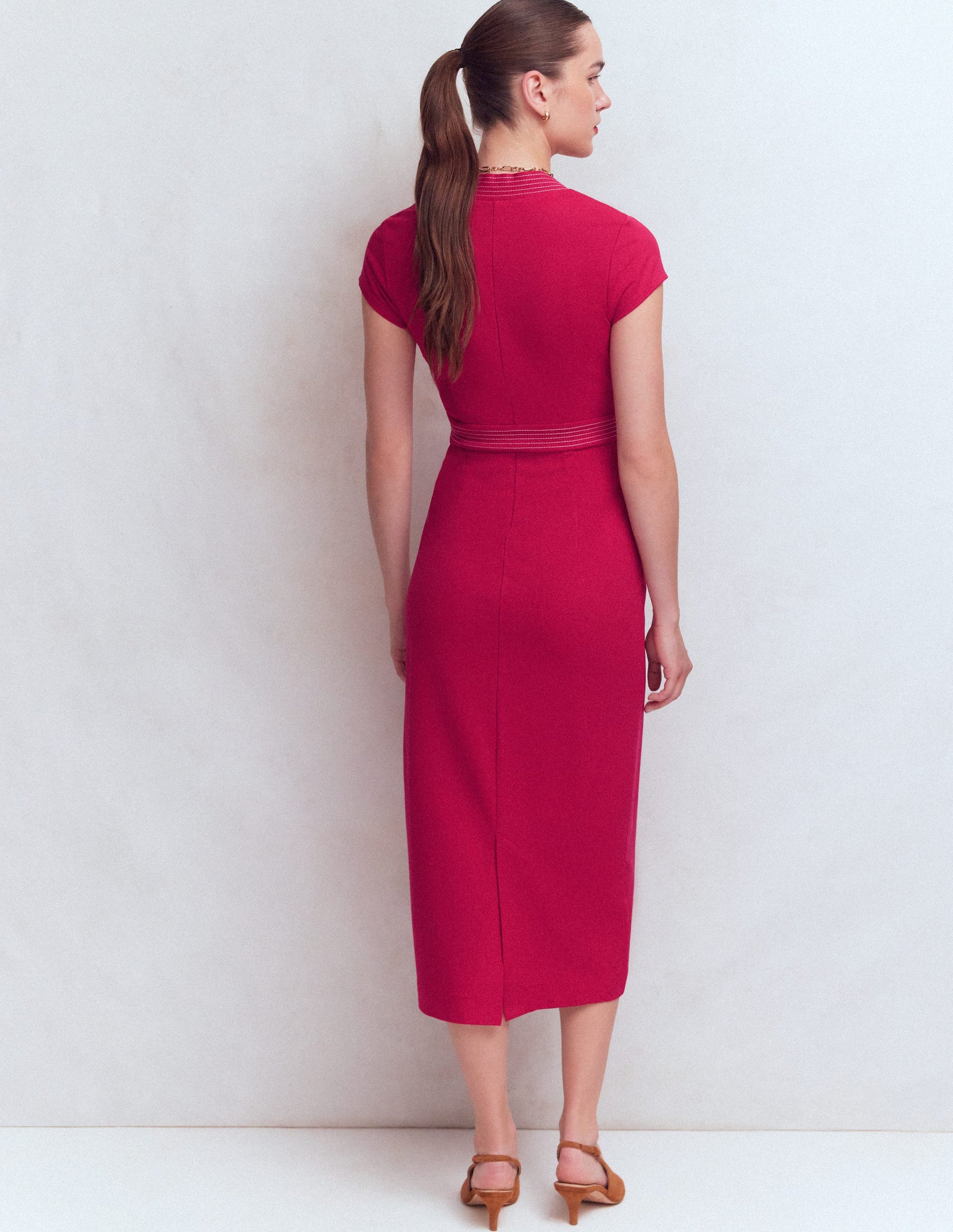 Topstitch V-neck Ponte Dress-Pomegranate-3