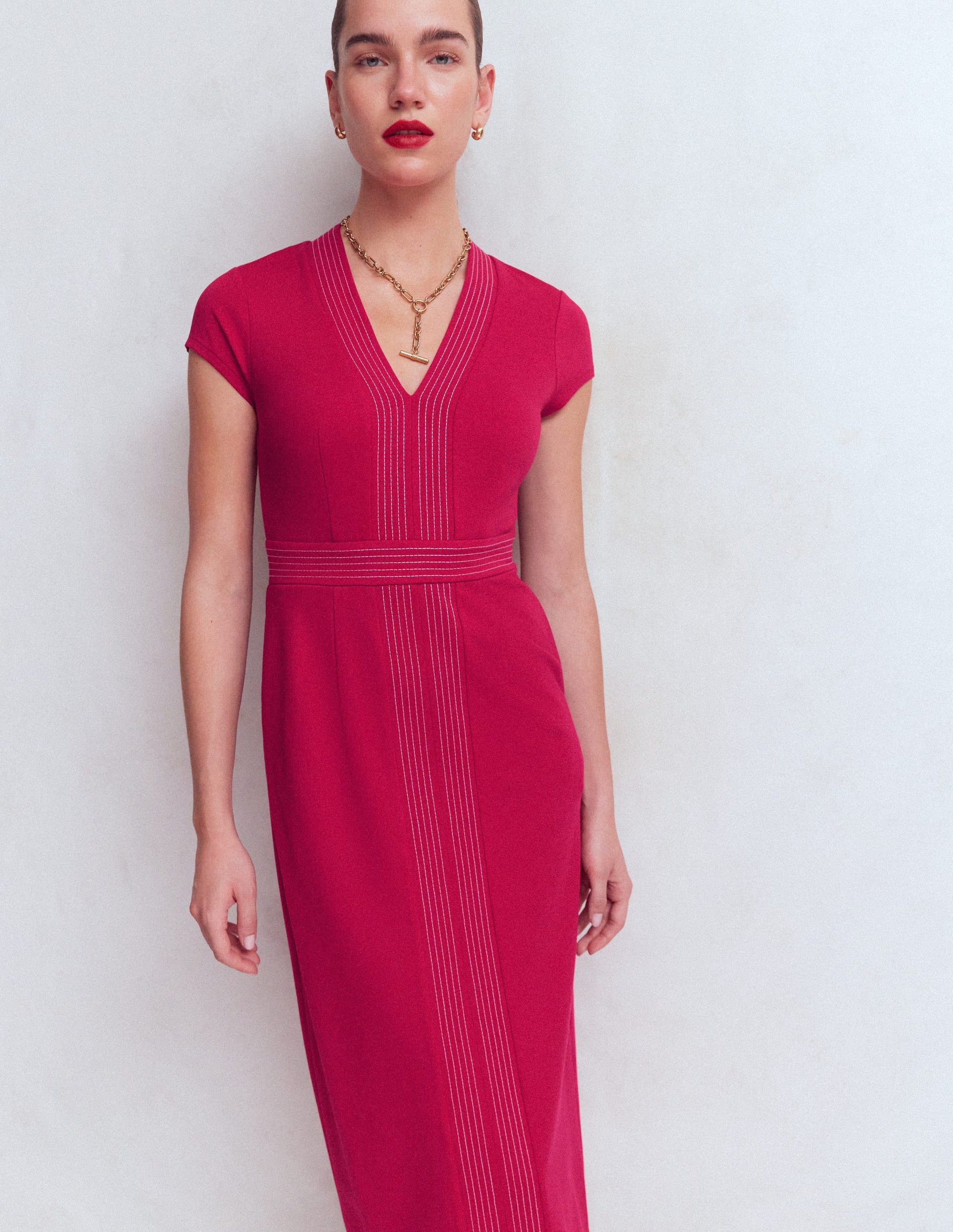 Topstitch V-neck Ponte Dress-Pomegranate-4