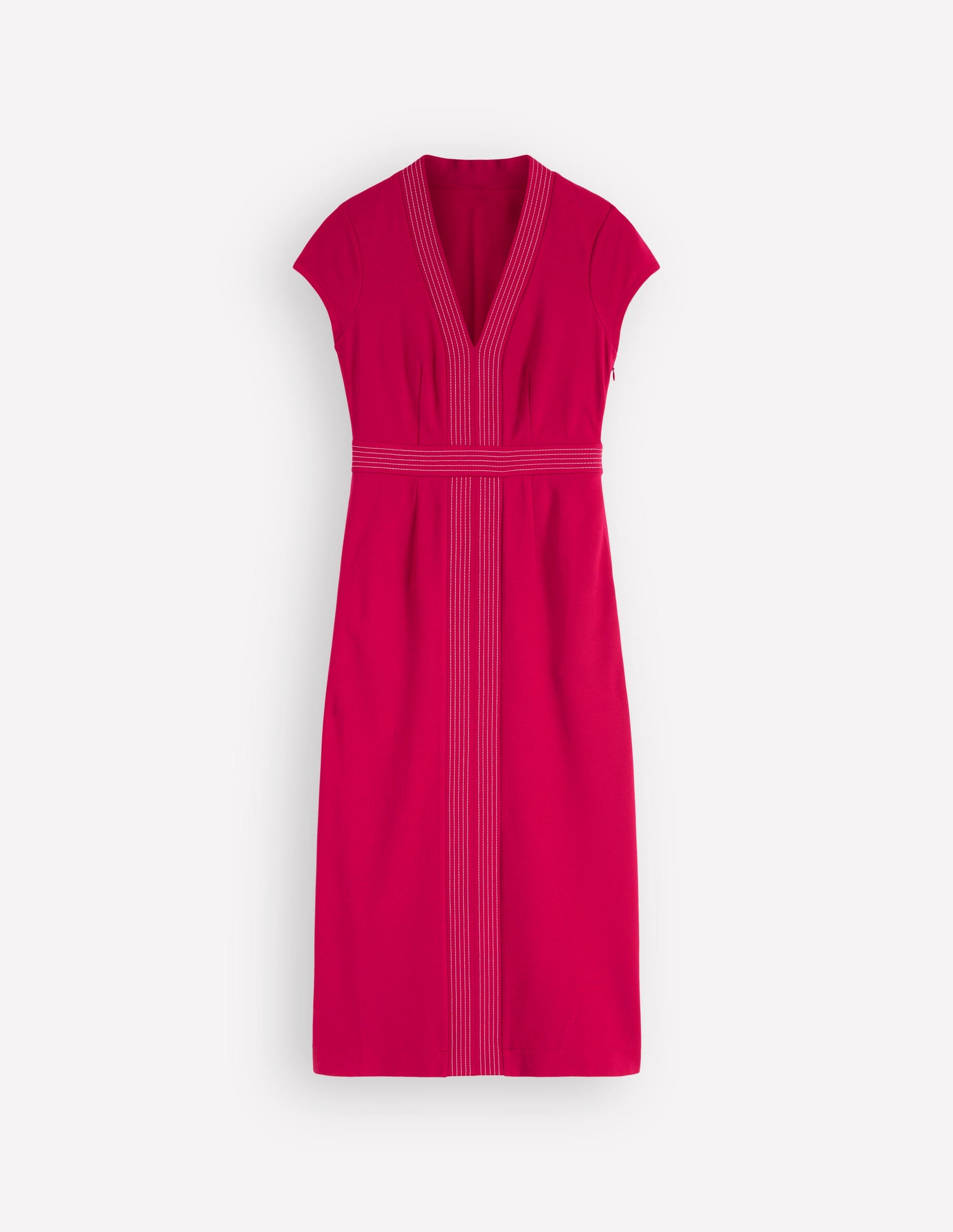 Topstitch V-neck Ponte Dress-Pomegranate-5