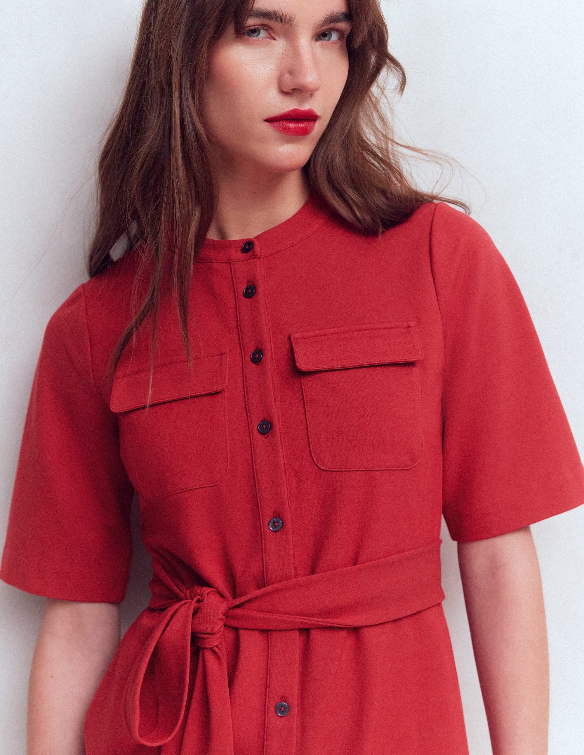Front Pocket Ponte Dress-Crimson Red - Image 2